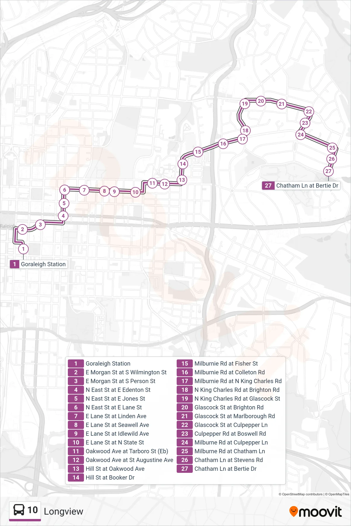 10 bus Line (Goraleigh Station→Chatham Ln at Bertie Dr) route and stops on a map