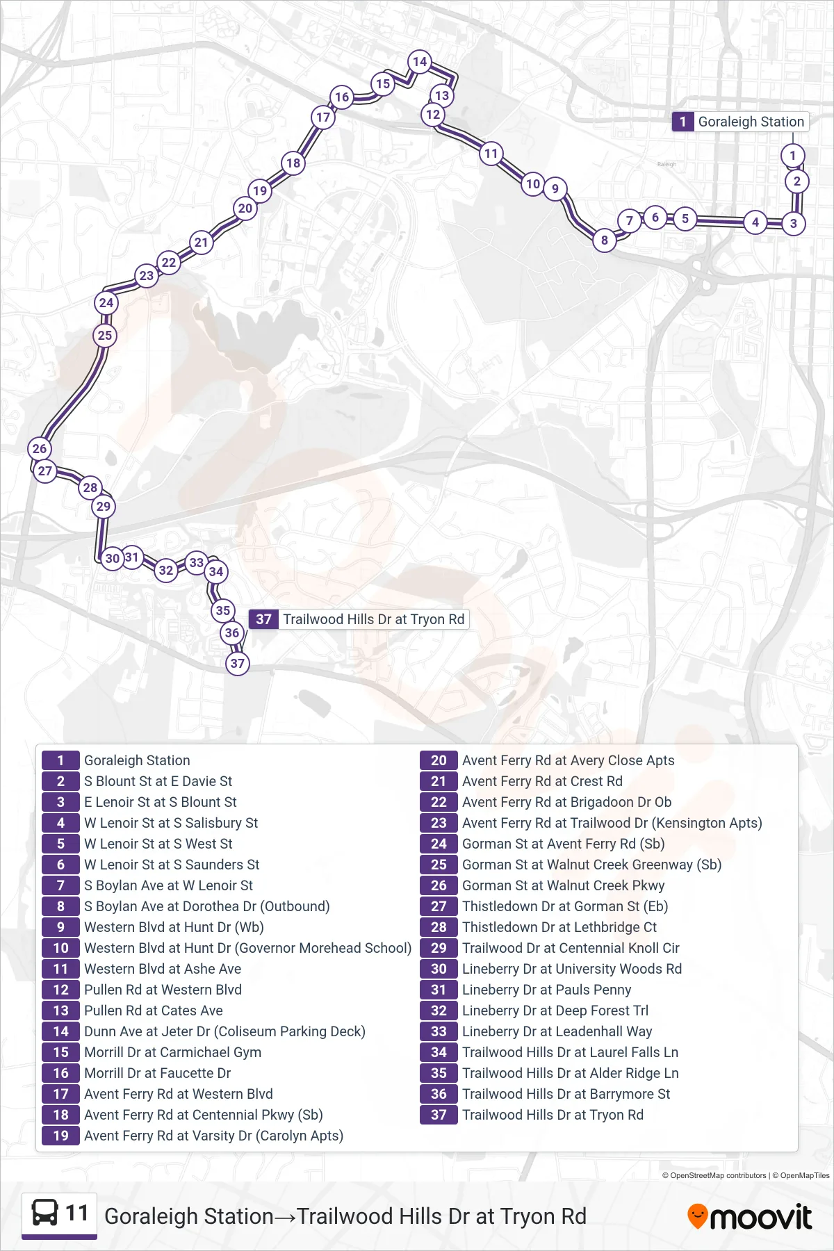11 bus Line (Goraleigh Station→Trailwood Hills Dr at Tryon Rd) route and stops on a map