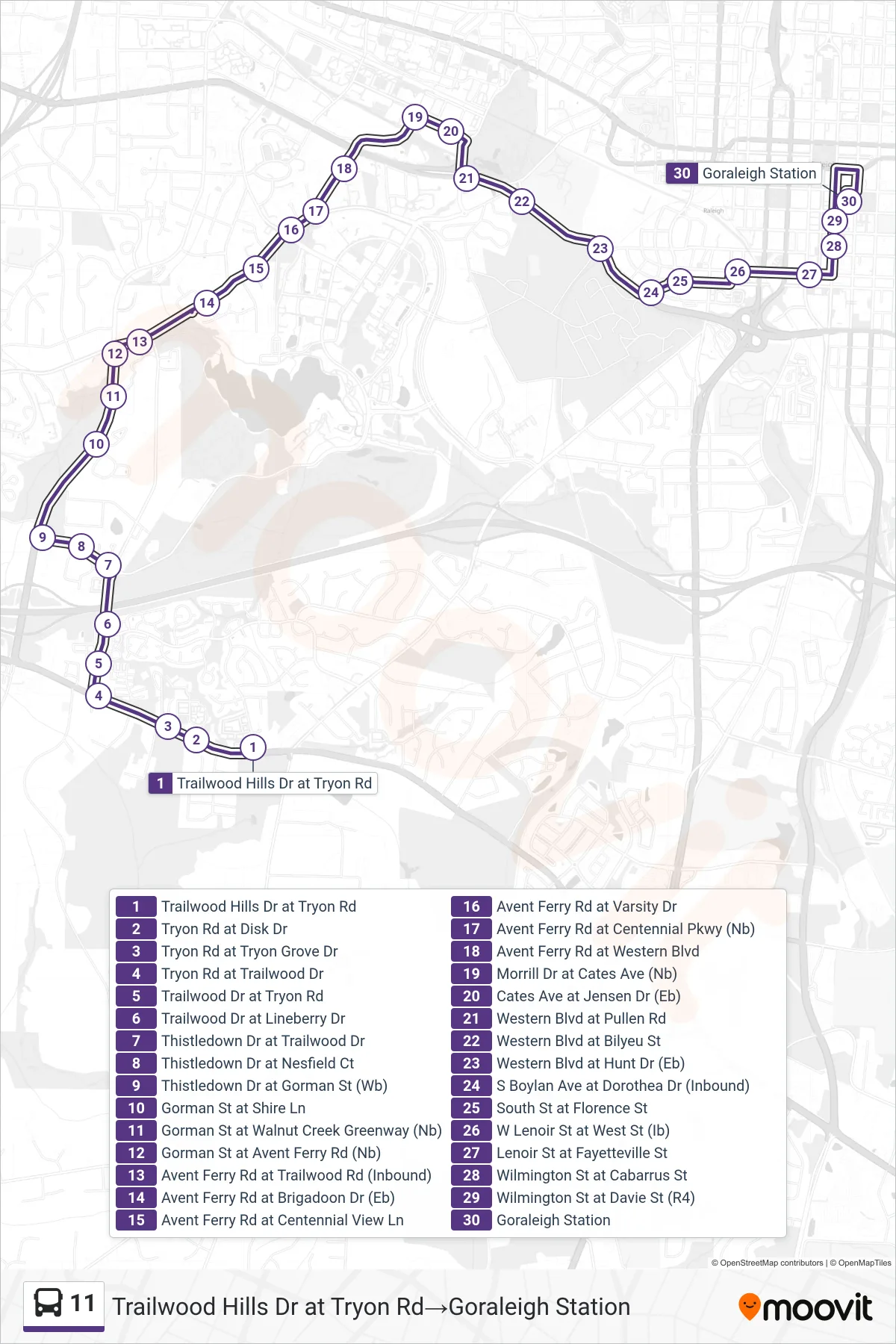 11 bus Line (Trailwood Hills Dr at Tryon Rd→Goraleigh Station) route and stops on a map