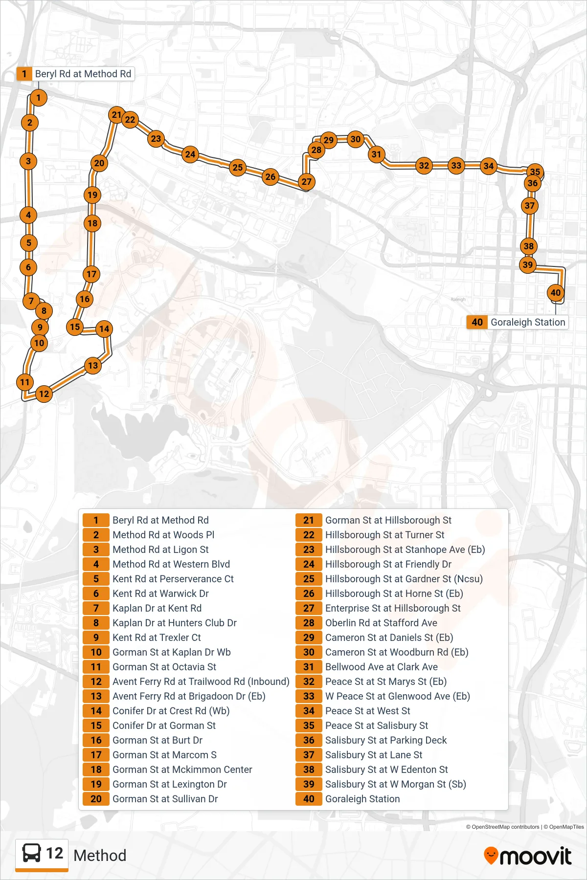 12 bus Line (Beryl Rd at Method Rd→Goraleigh Station) route and stops on a map