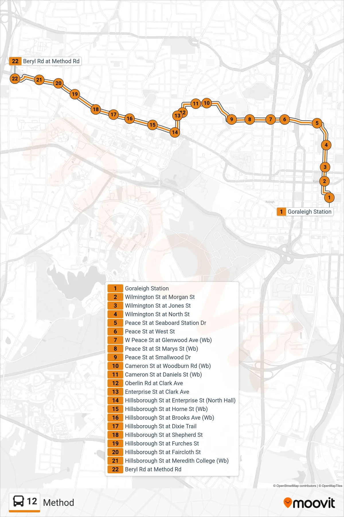 12 bus Line (Goraleigh Station→Beryl Rd at Method Rd) route and stops on a map