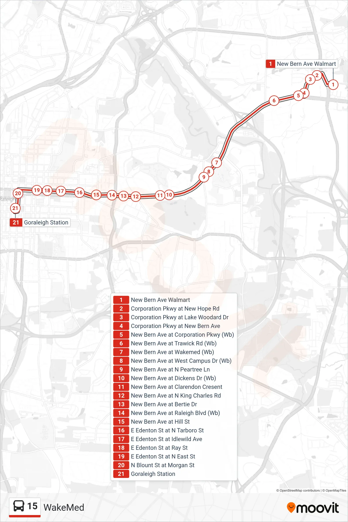 15 bus Line (New Bern Ave Walmart→Goraleigh Station) route and stops on a map