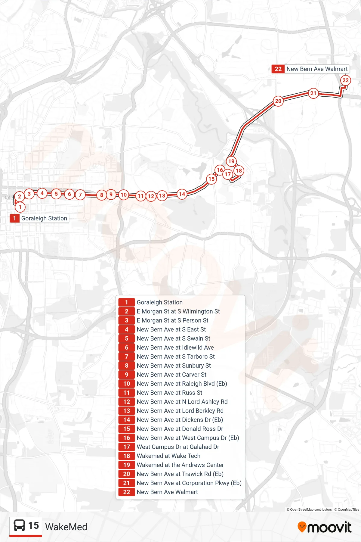 15 bus Line (Goraleigh Station→New Bern Ave Walmart) route and stops on a map