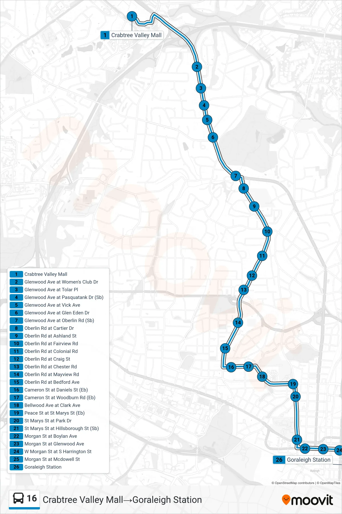 16 bus Line (Crabtree Valley Mall→Goraleigh Station) route and stops on a map