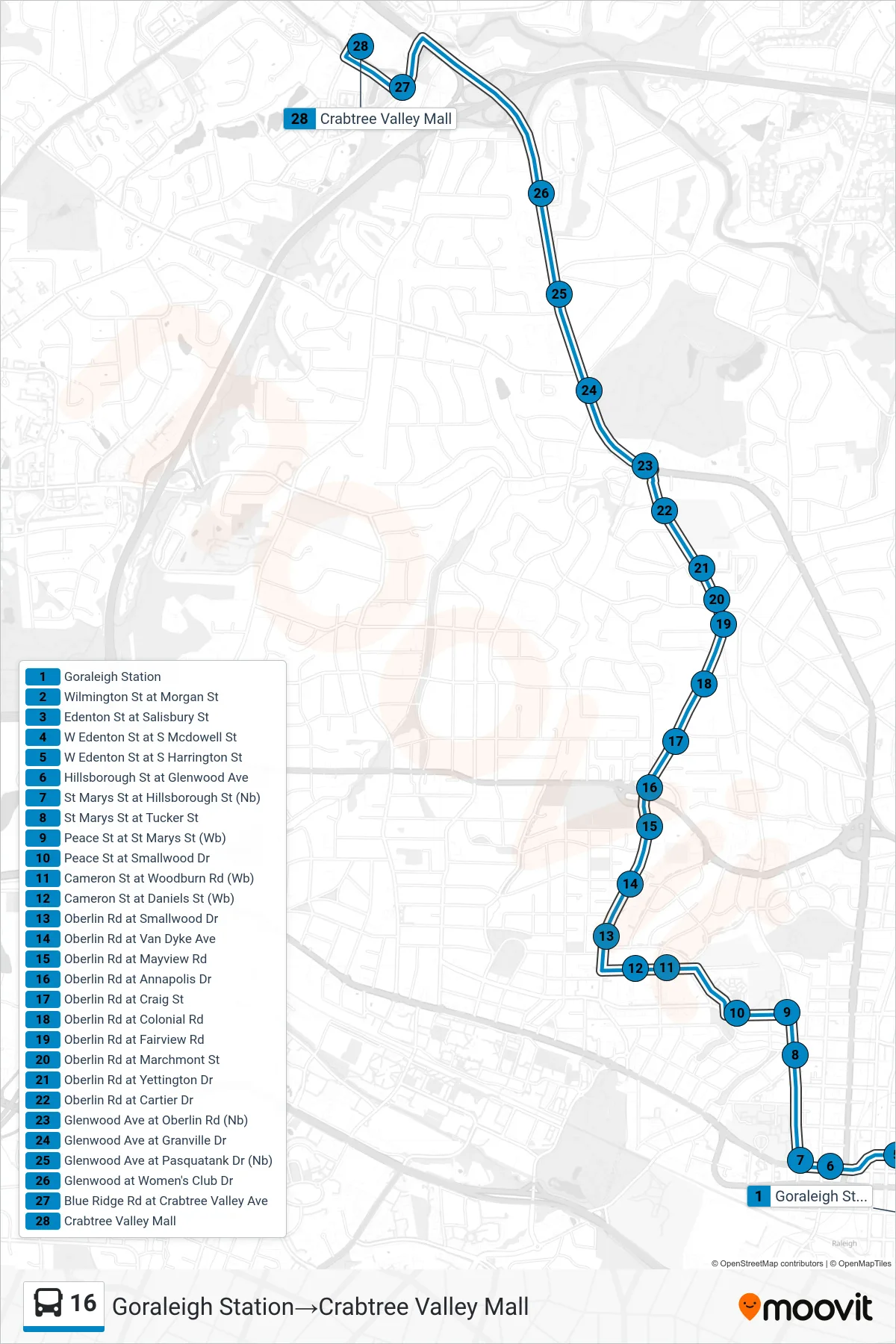 16 bus Line (Goraleigh Station‎→Crabtree Valley Mall) route and stops on a map
