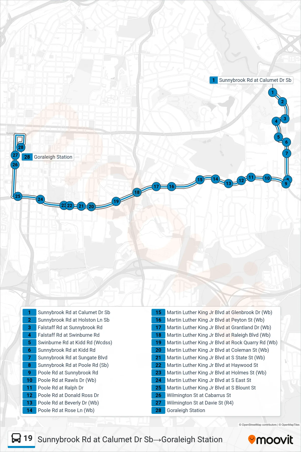 19 bus Line (Sunnybrook Rd at Calumet Dr Sb→Goraleigh Station) route and stops on a map