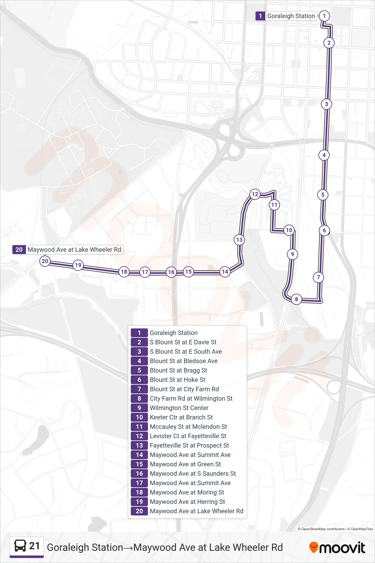 21 bus Line (Goraleigh Station‎→Maywood Ave at Lake Wheeler Rd) route and stops on a map