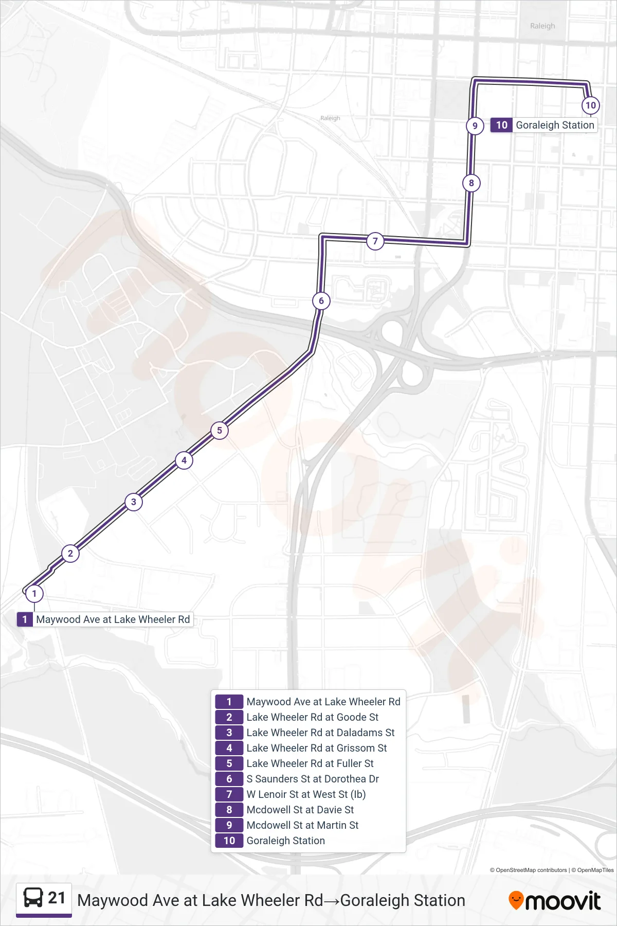 21 bus Line (Maywood Ave at Lake Wheeler Rd‎→Goraleigh Station) route and stops on a map