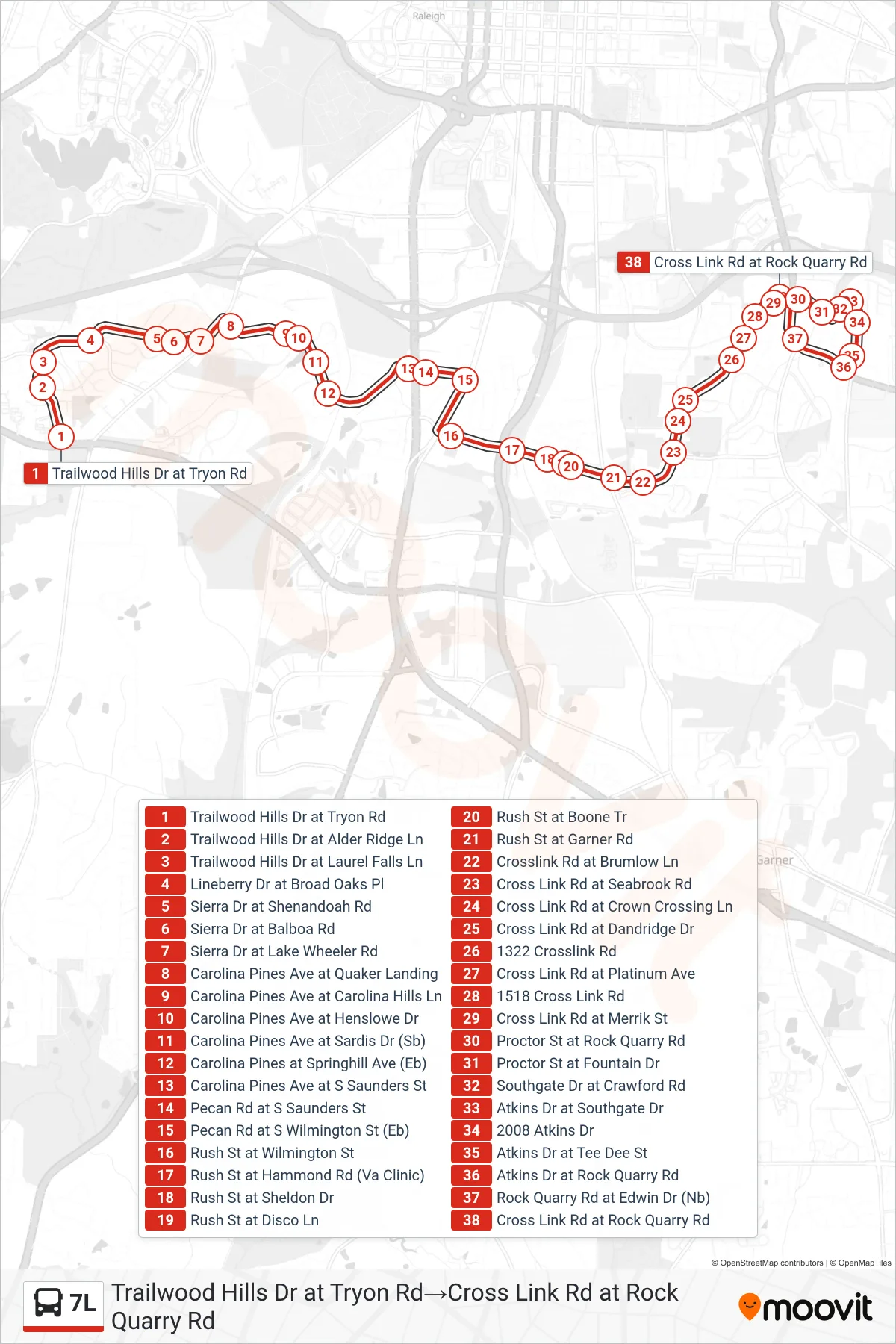 7L bus Line (Trailwood Hills Dr at Tryon Rd‎→Cross Link Rd at Rock Quarry Rd) route and stops on a map