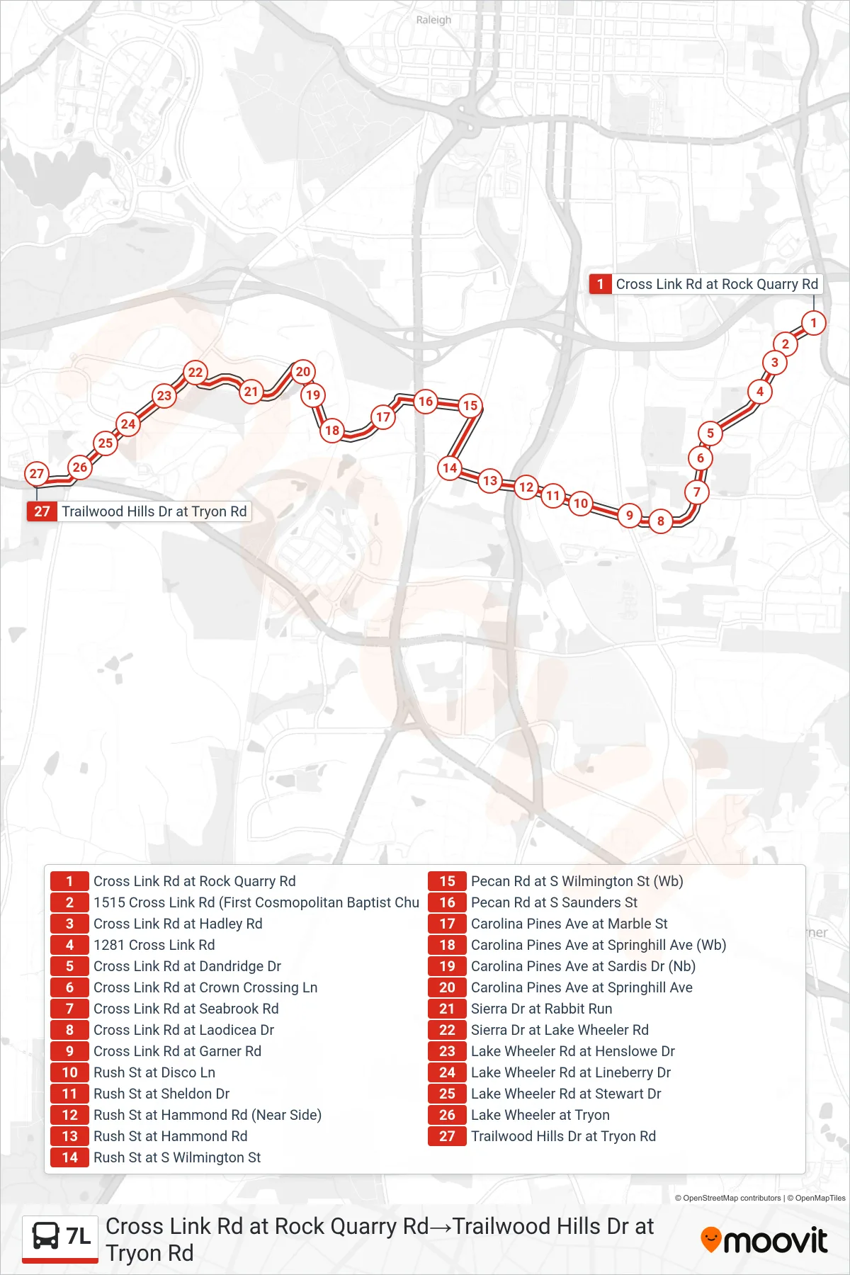 7L bus Line (Cross Link Rd at Rock Quarry Rd‎→Trailwood Hills Dr at Tryon Rd) route and stops on a map