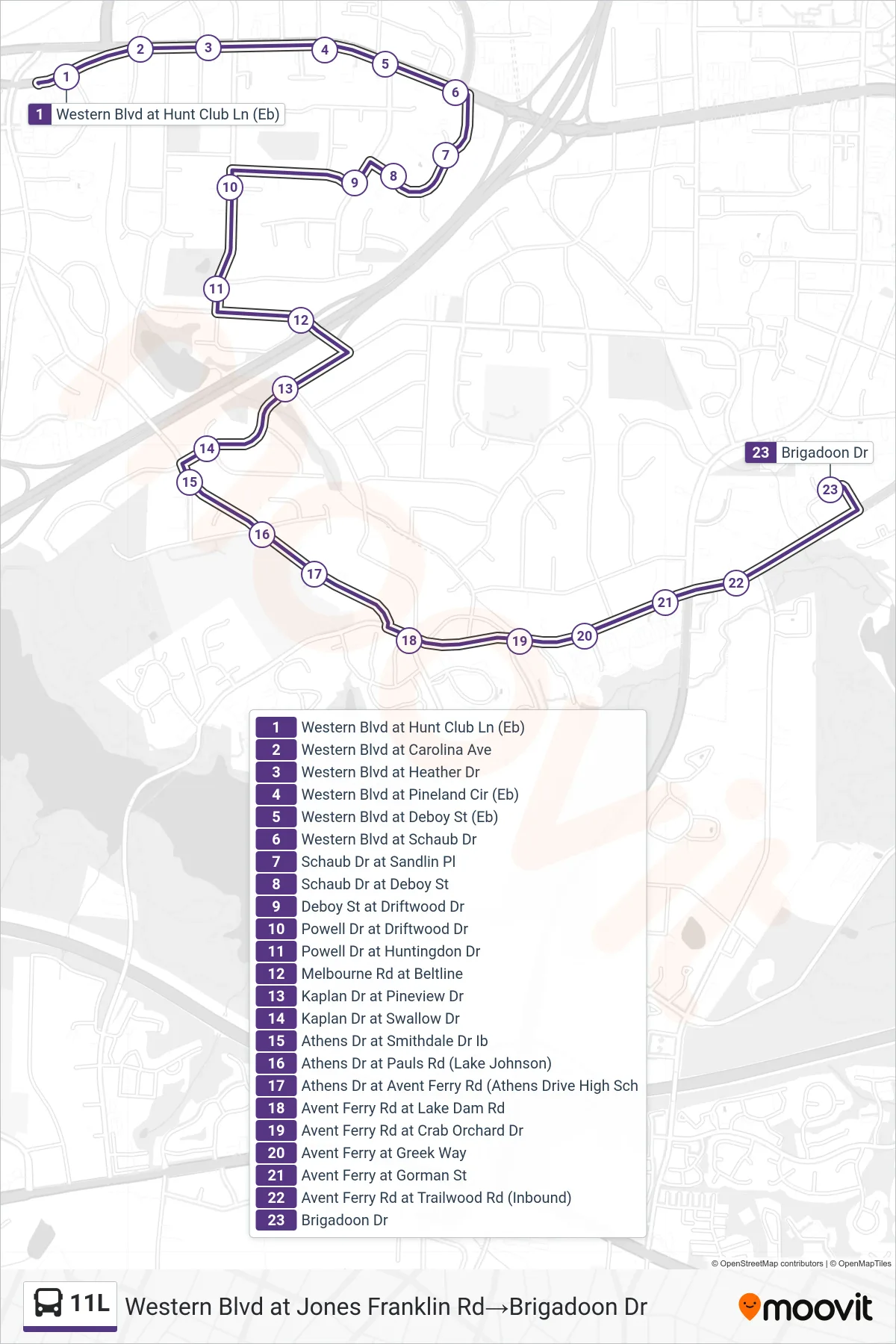 11L bus Line (Western Blvd at Jones Franklin Rd‎→Brigadoon Dr) route and stops on a map