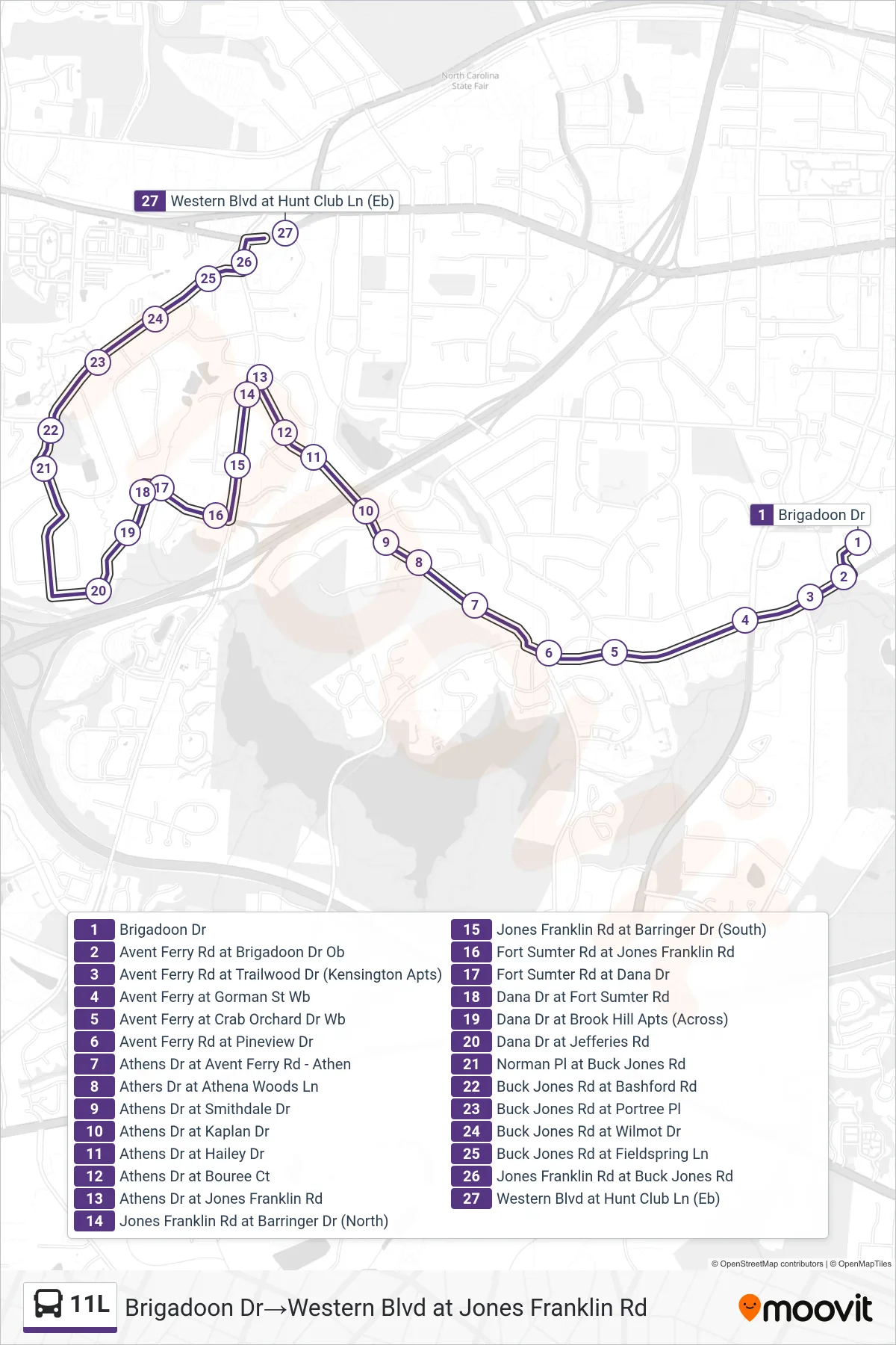 11L bus Line (Brigadoon Dr→Western Blvd at Jones Franklin Rd) route and stops on a map