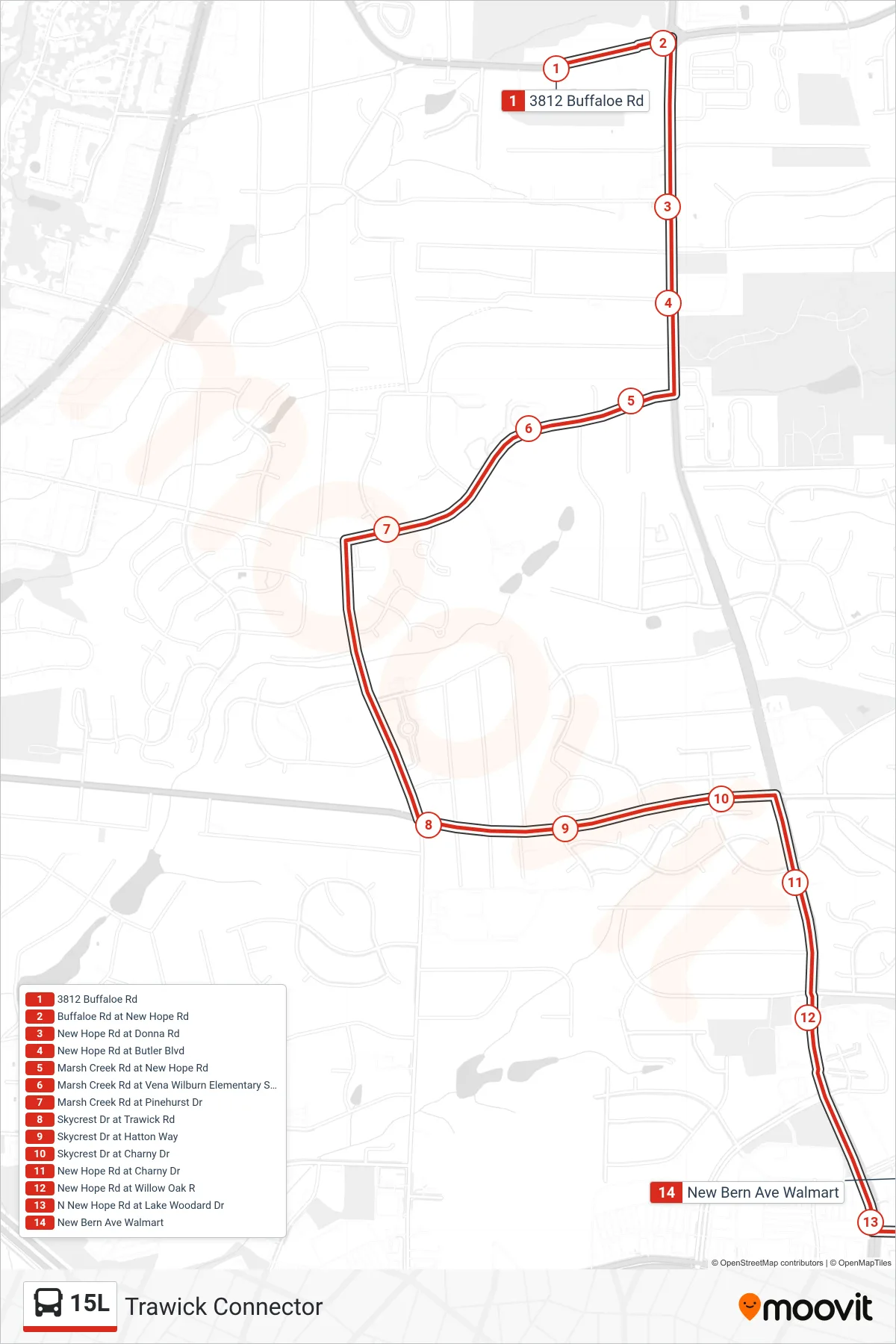 15L bus Line (3812 Buffaloe Rd‎→New Bern Ave Walmart) route and stops on a map