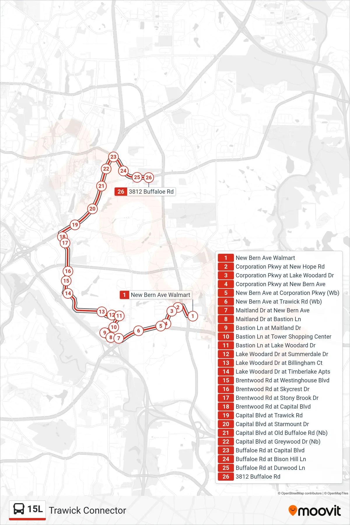 15L bus Line (New Bern Ave Walmart‎→3812 Buffaloe Rd) route and stops on a map