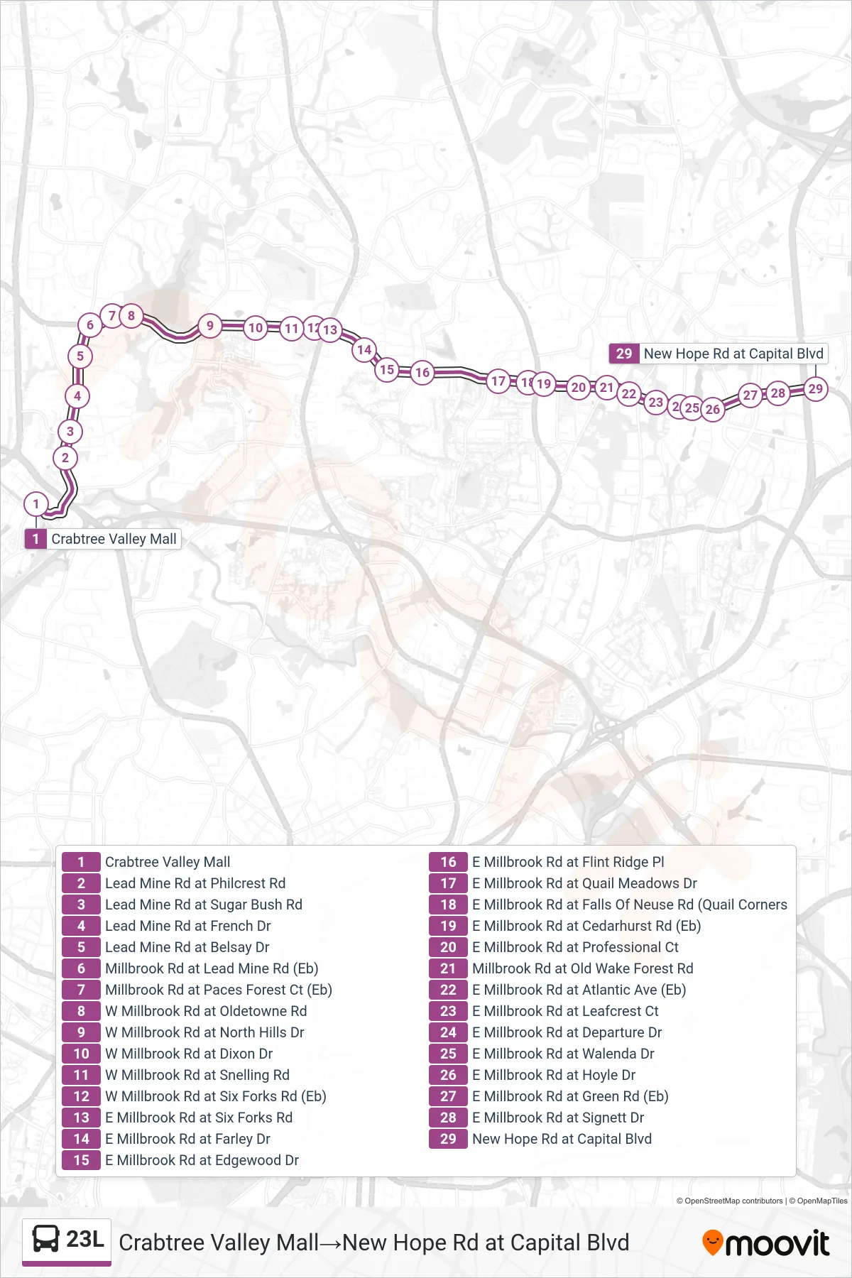 23L bus Line (Crabtree Valley Mall→New Hope Rd at Capital Blvd) route and stops on a map