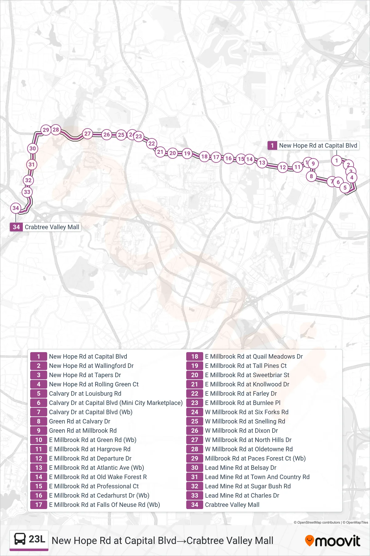 23L bus Line (New Hope Rd at Capital Blvd→Crabtree Valley Mall) route and stops on a map