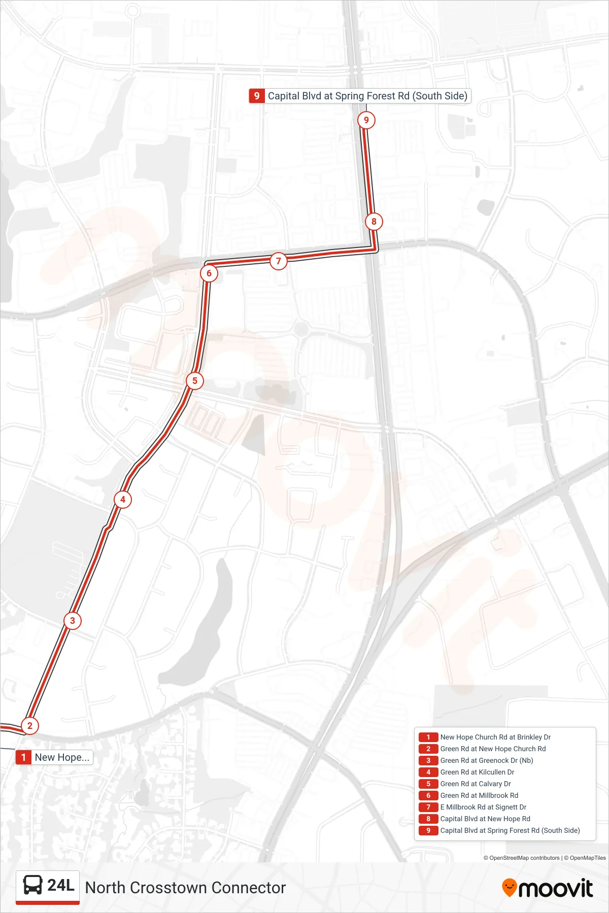 Recorrido y paradas de la línea 24L de autobús (New Hope Church Rd at Brinkley Dr→Capital Blvd at Spring Forest Rd (South Side)) en el mapa