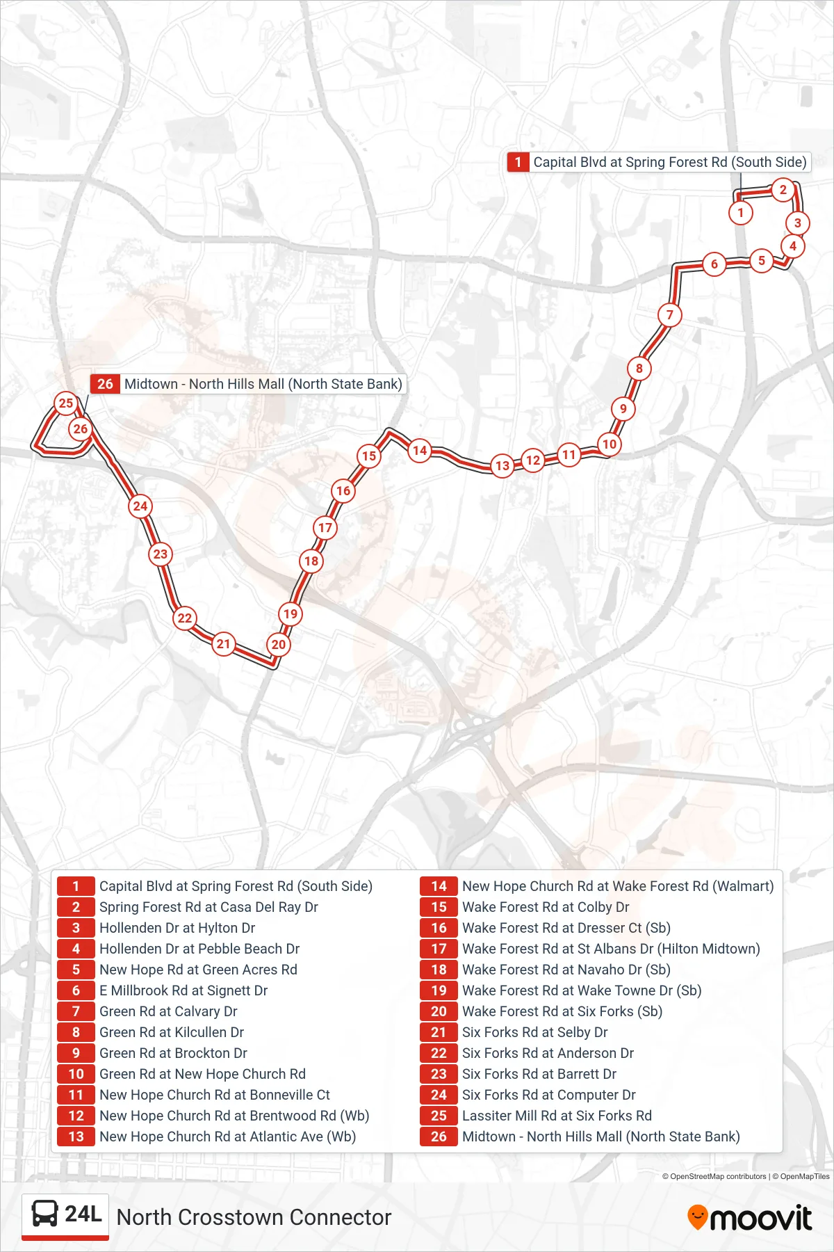 24L bus Line (Capital Blvd at Spring Forest Rd (South Side)→Midtown - North Hills Mall (North State Bank)) route and stops on a map