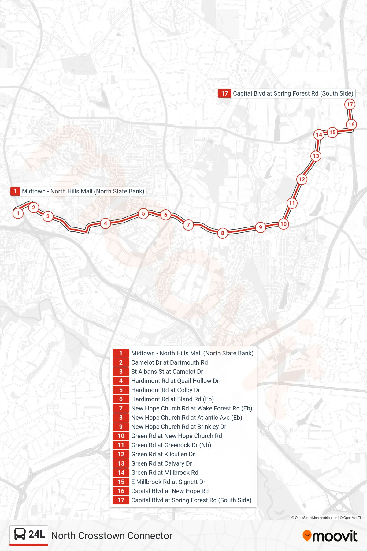 24L bus Line (Midtown - North Hills Mall (North State Bank)→Capital Blvd at Spring Forest Rd (South Side)) route and stops on a map