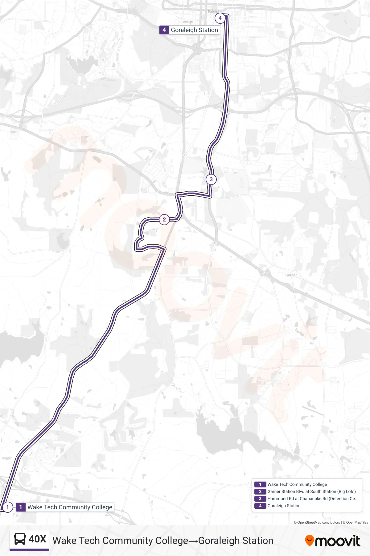 40X bus Line (Wake Tech Community College→Goraleigh Station) route and stops on a map