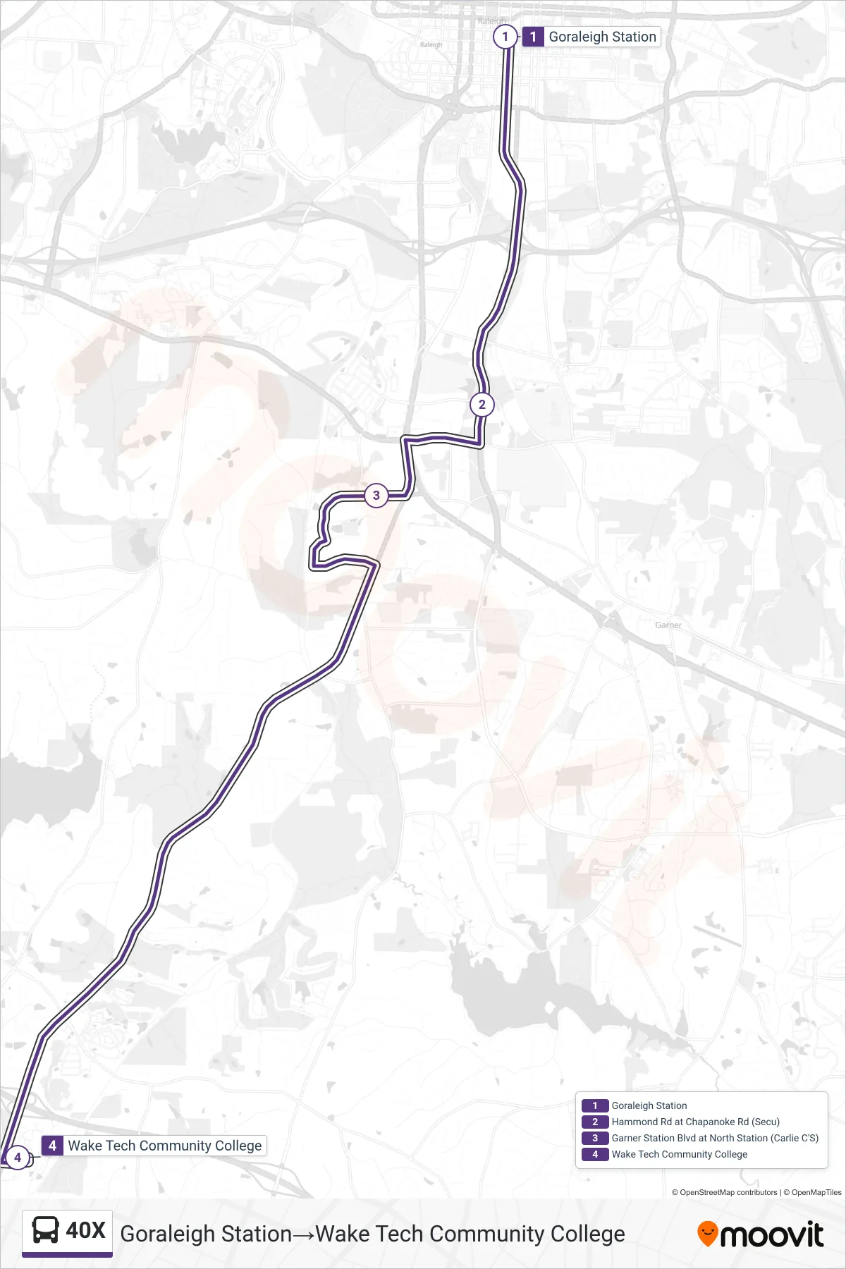 40X bus Line (Goraleigh Station‎→Wake Tech Community College) route and stops on a map