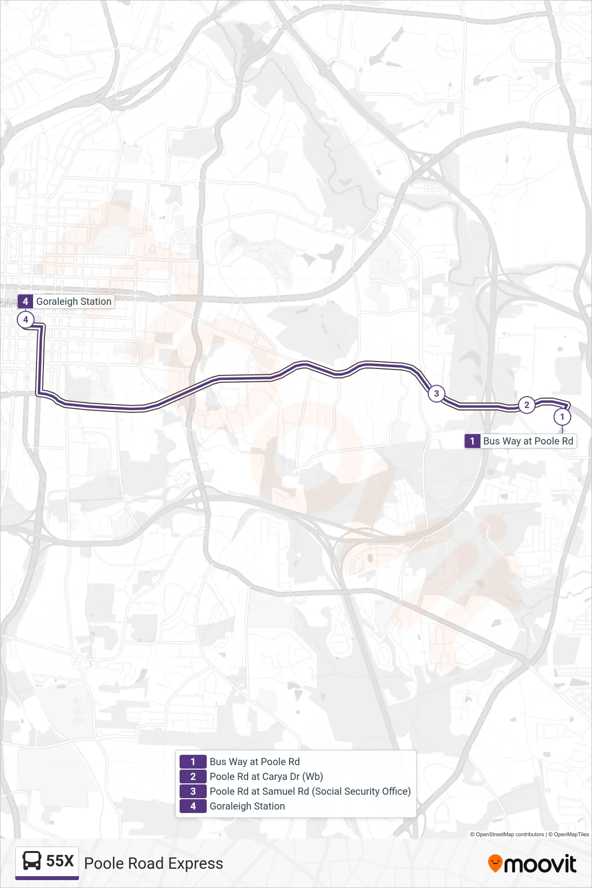 55X bus Line (Bus Way at Poole Rd→Goraleigh Station) route and stops on a map