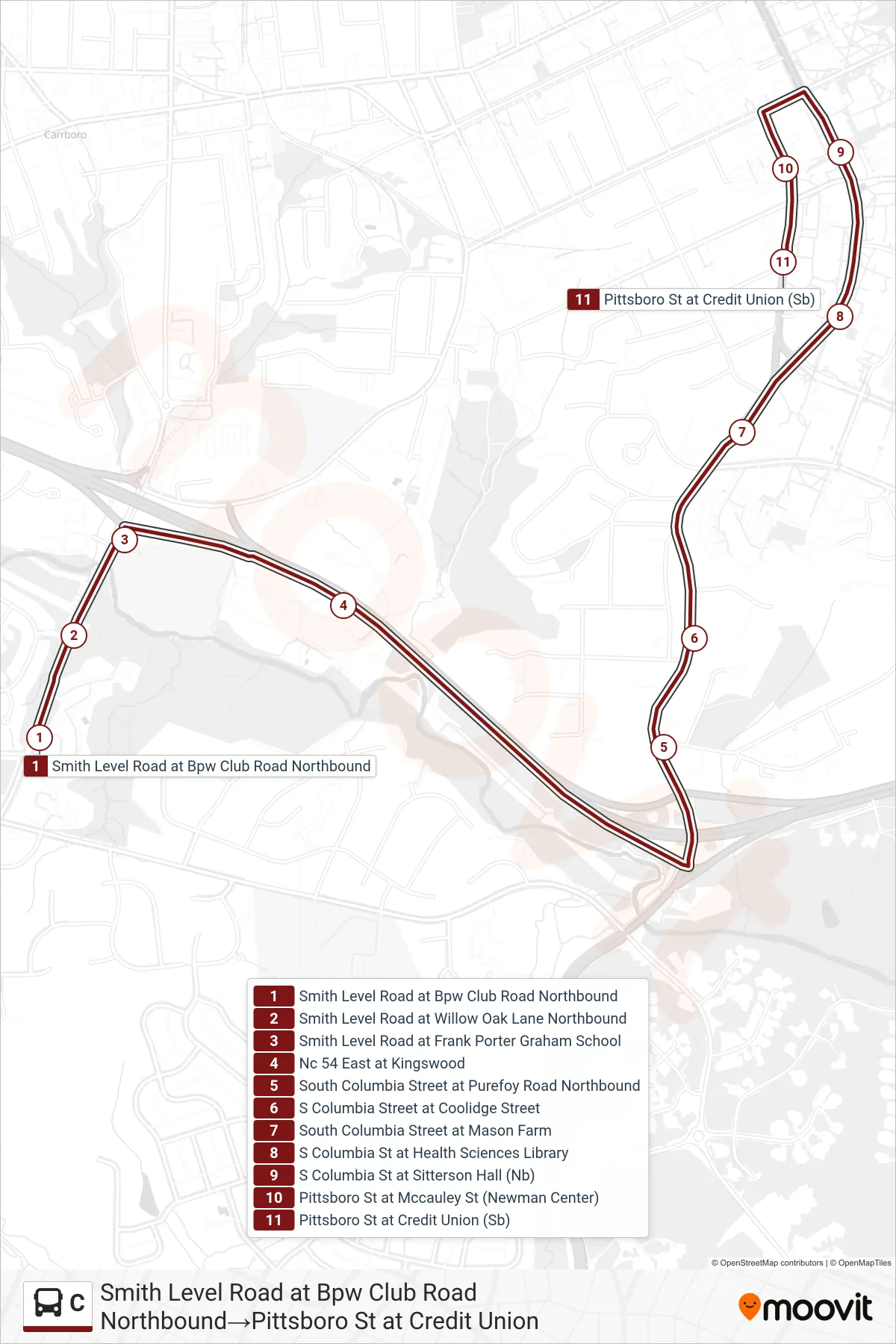 C bus Line (Smith Level Road at Bpw Club Road Northbound‎→Pittsboro St at Credit Union) route and stops on a map