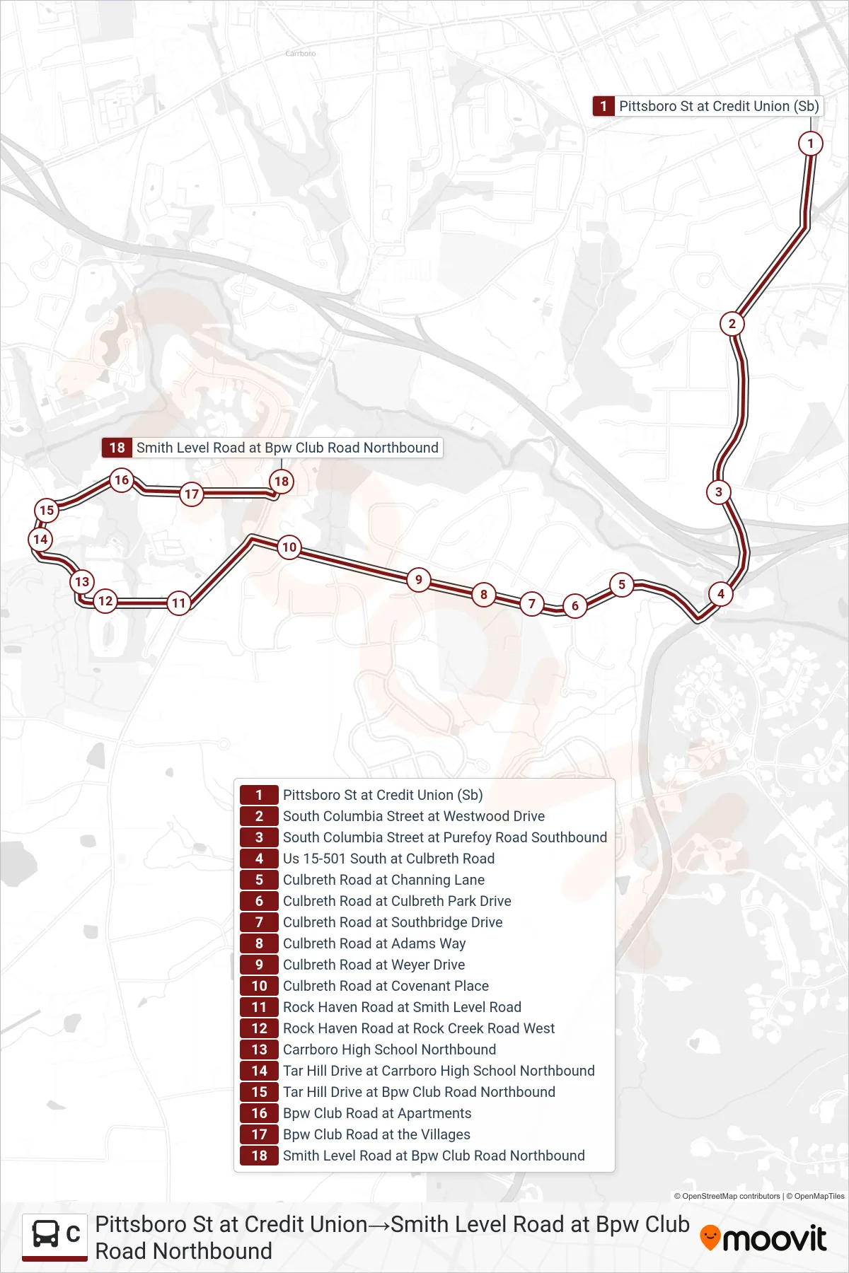C bus Line (Pittsboro St at Credit Union→Smith Level Road at Bpw Club Road Northbound) route and stops on a map