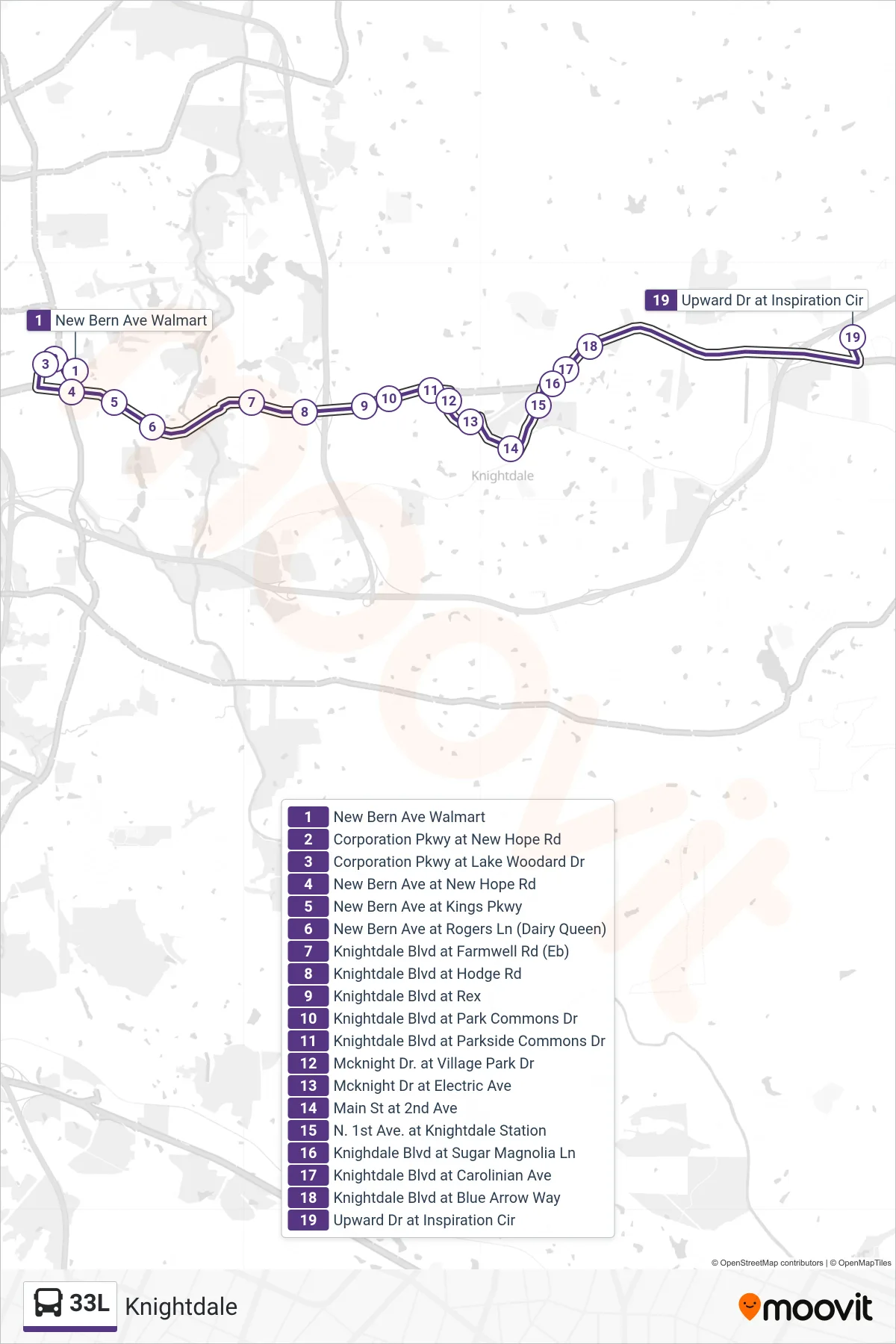 33L bus Line (New Bern Ave Walmart‎→Upward Dr at Inspiration Cir) route and stops on a map