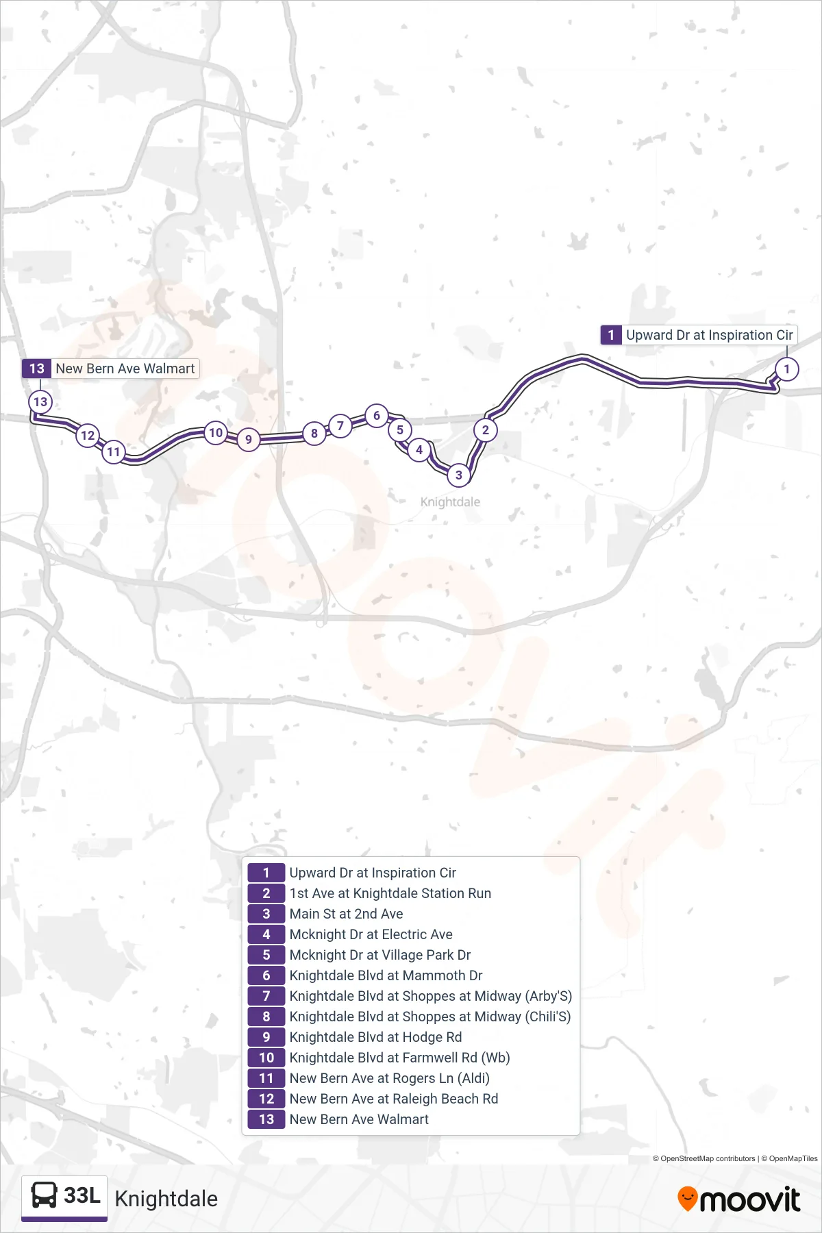 33L bus Line (Upward Dr at Inspiration Cir→New Bern Ave Walmart) route and stops on a map
