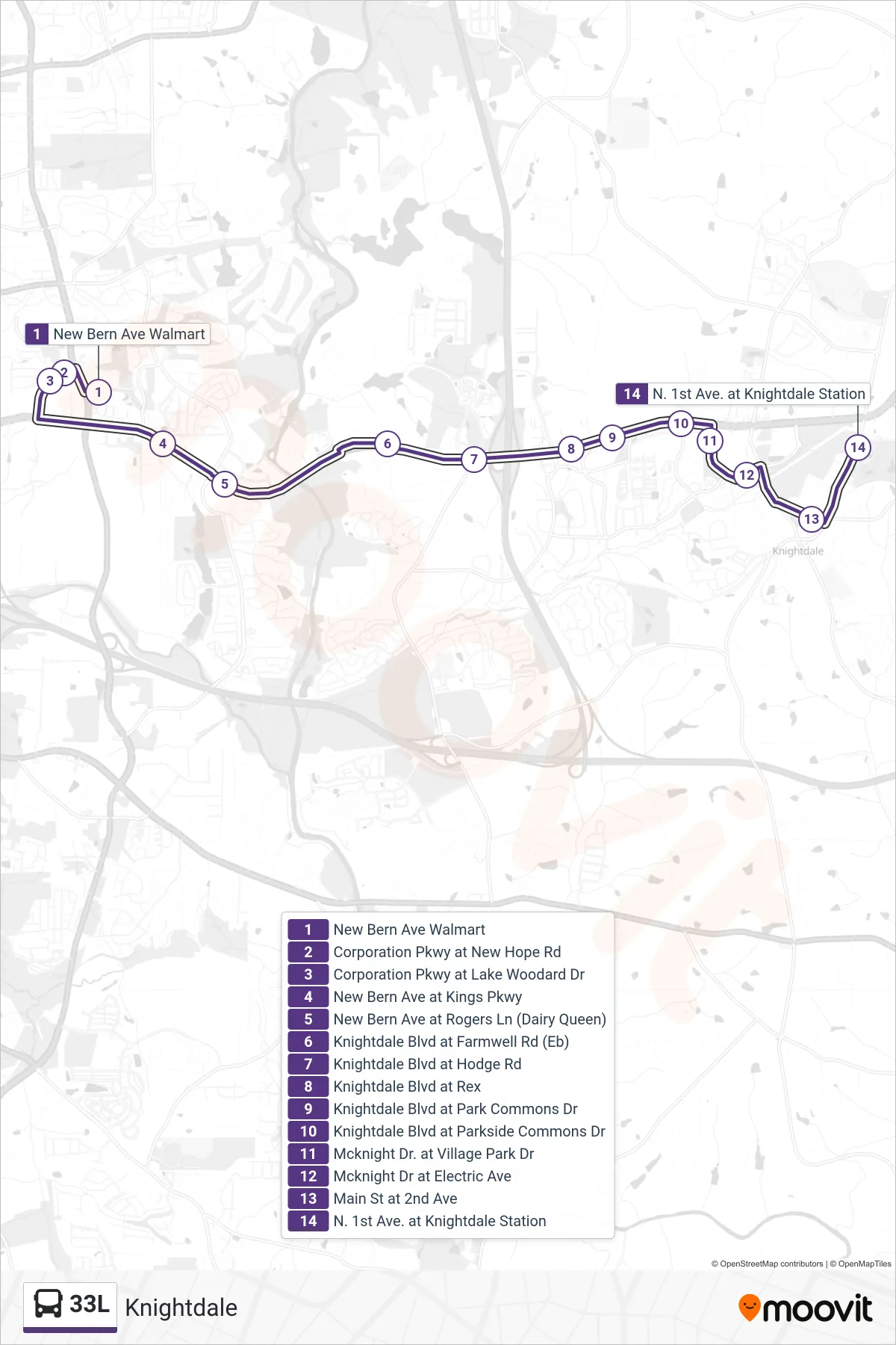 33L bus Line (New Bern Ave Walmart‎→N. 1st Ave. at Knightdale Station) route and stops on a map