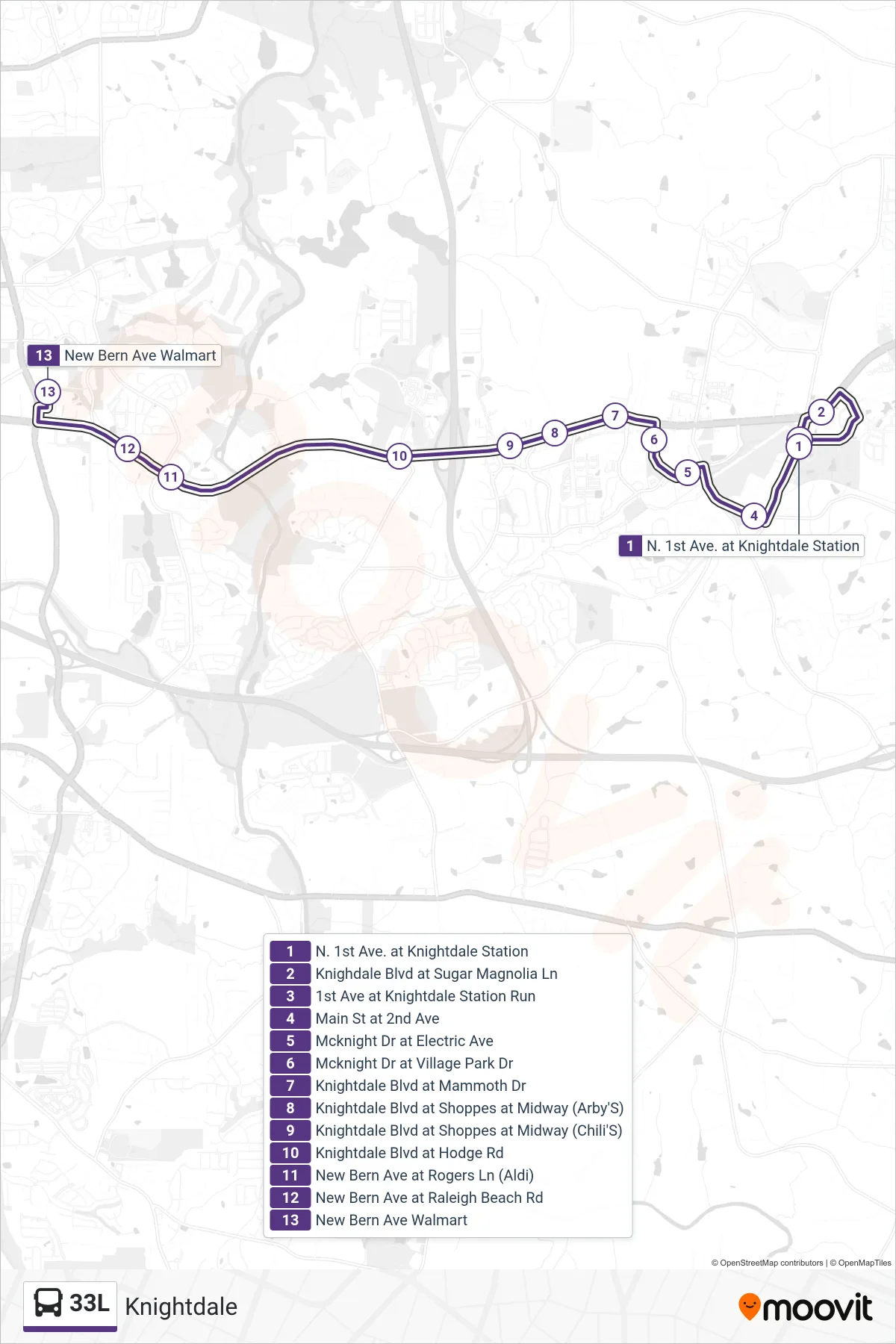 33L bus Line (N. 1st Ave. at Knightdale Station→New Bern Ave Walmart) route and stops on a map