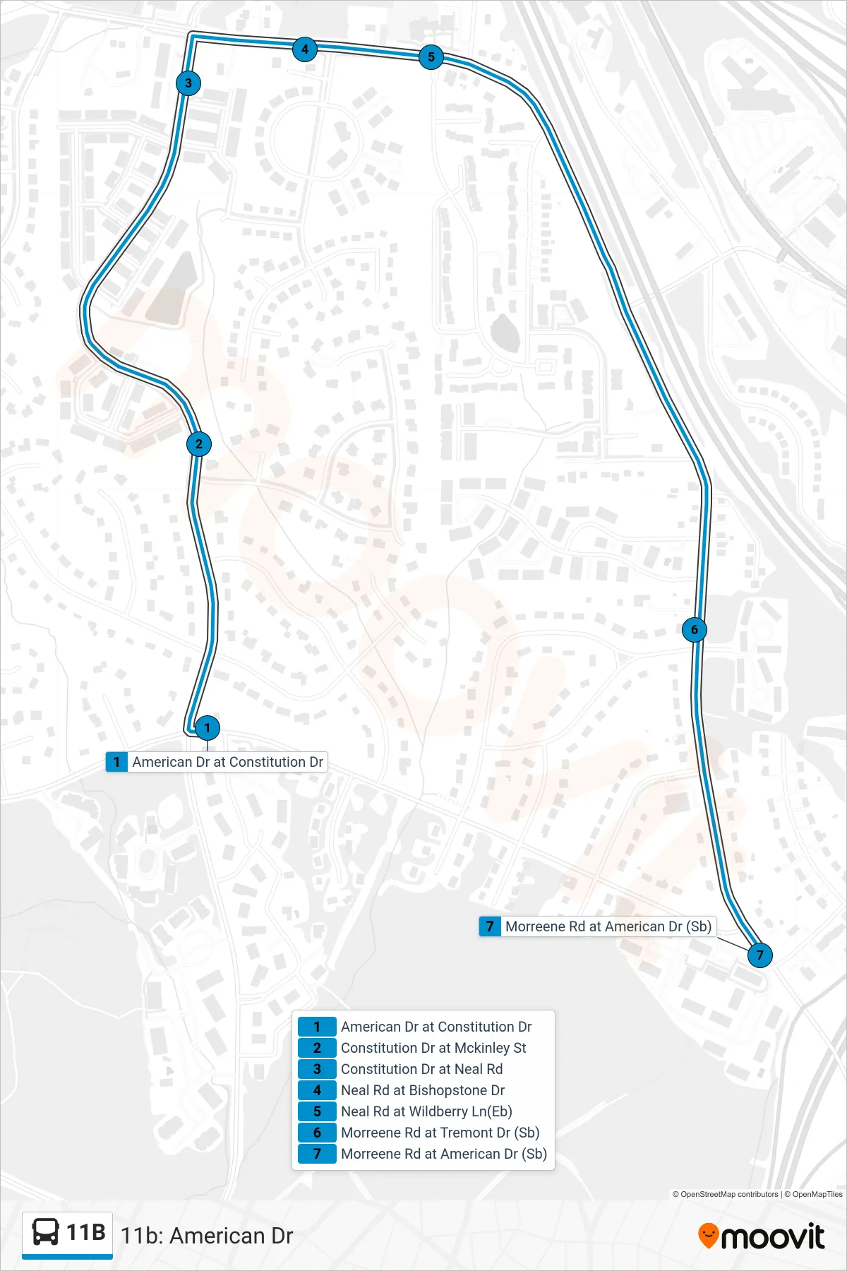 11B bus Line (11b: American Dr) route and stops on a map