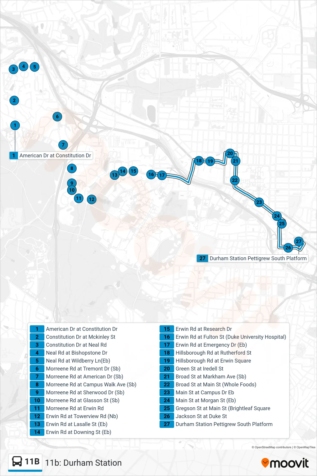 11B bus Line (11b: Durham Station) route and stops on a map