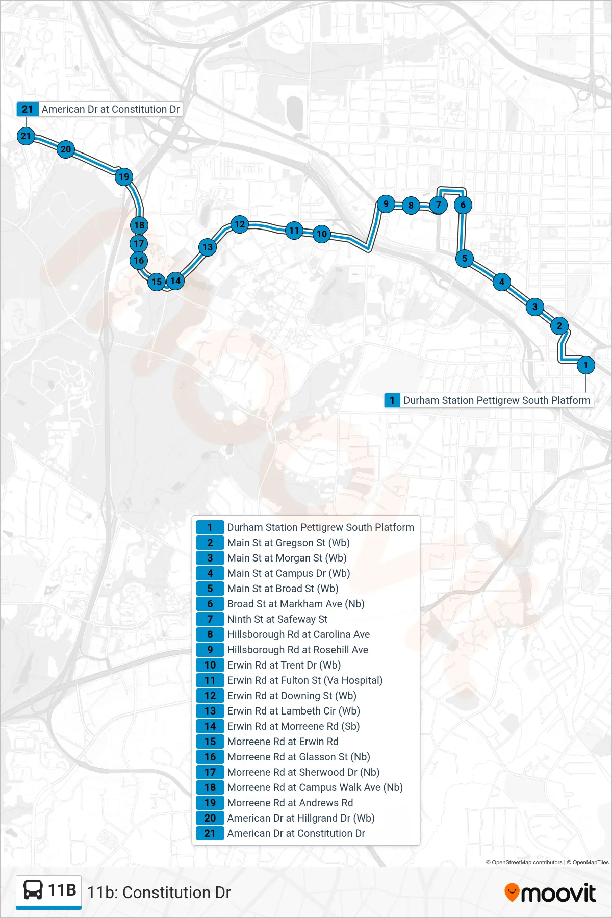 11B bus Line (11b: Constitution Dr) route and stops on a map