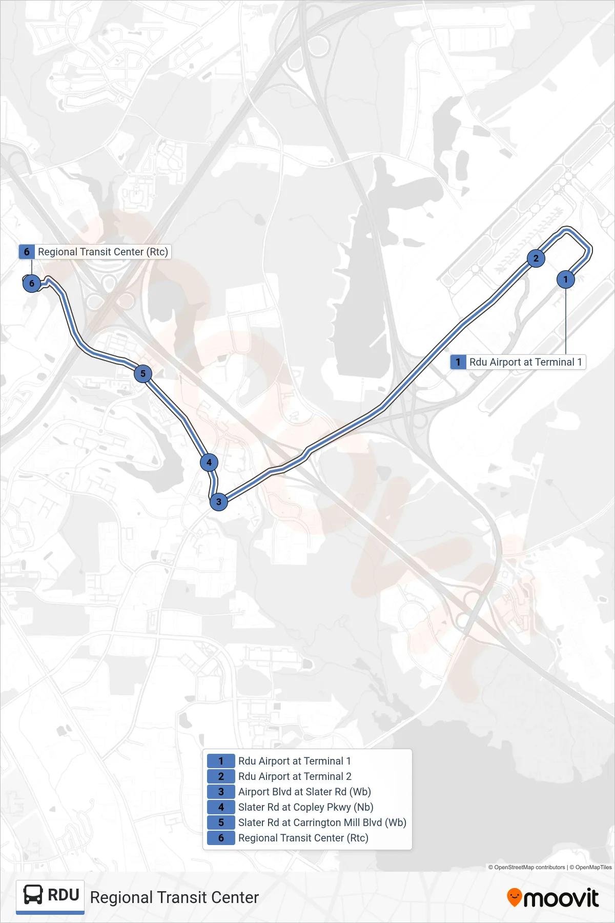 RDU bus Line (Regional Transit Center) route and stops on a map