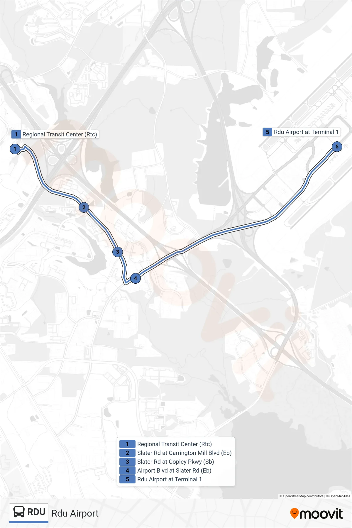 RDU bus Line (Rdu Airport) route and stops on a map