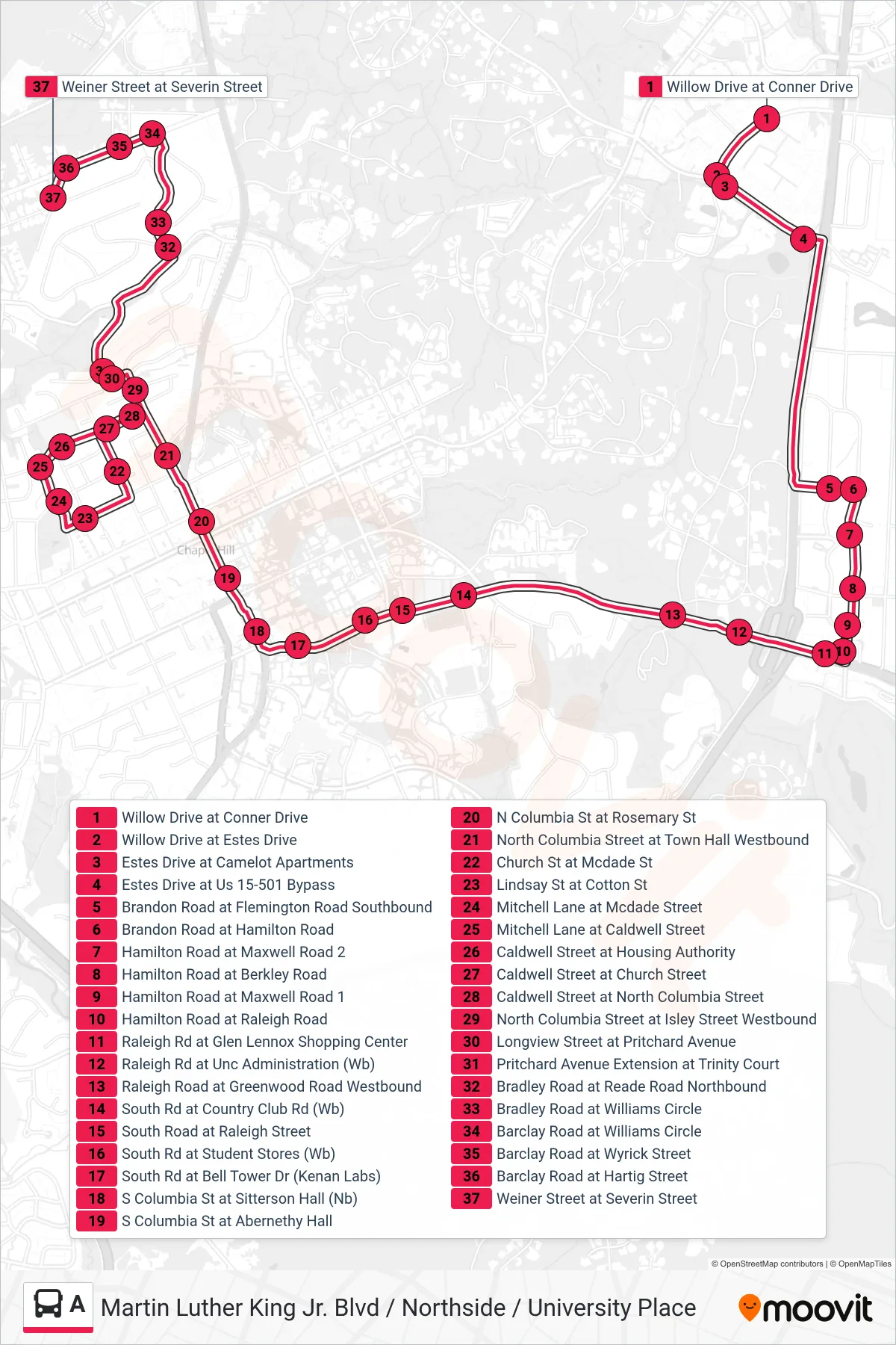 A bus Line (Willow Drive at Conner Drive→Weiner Street at Severin Street) route and stops on a map