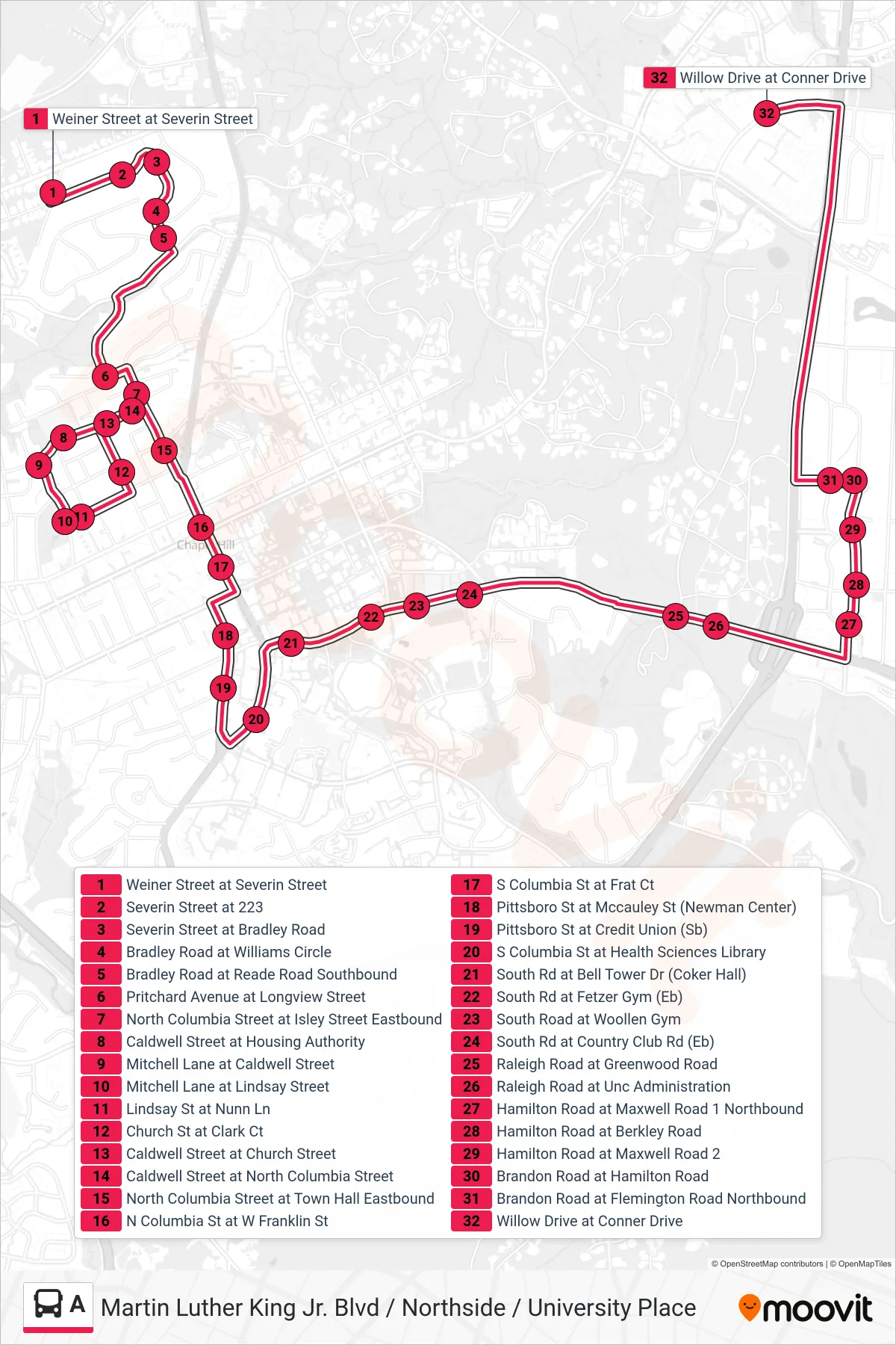 A bus Line (Weiner Street at Severin Street→Willow Drive at Conner Drive) route and stops on a map