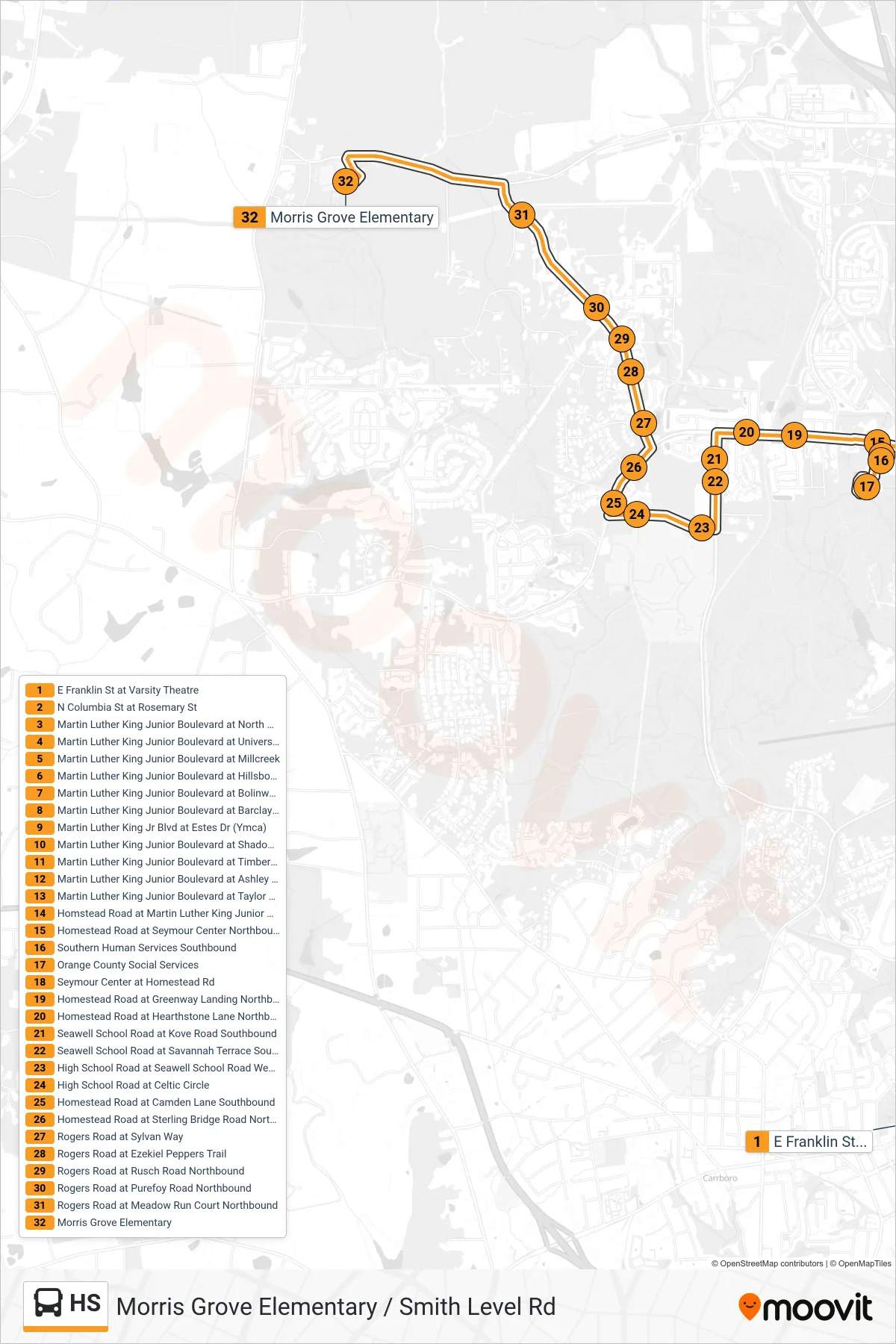 HS bus Line (East Franklin Street at Varsity Theatre‎→Morris Grove Elementary) route and stops on a map