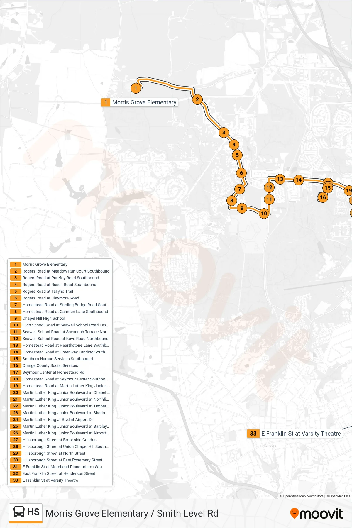 HS bus Line (Morris Grove Elementary→East Franklin Street at Varsity Theatre) route and stops on a map