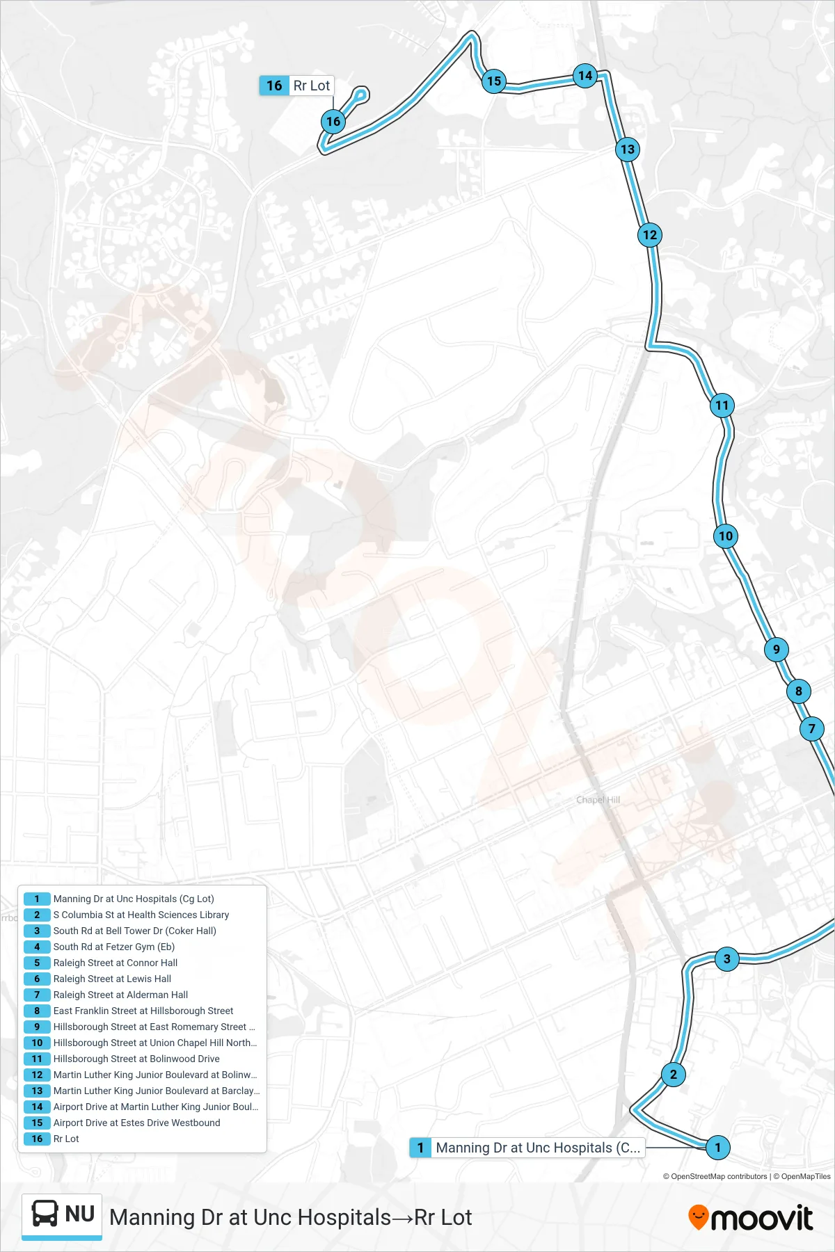 NU bus Line (Manning Dr at Unc Hospitals‎→Rr Lot) route and stops on a map