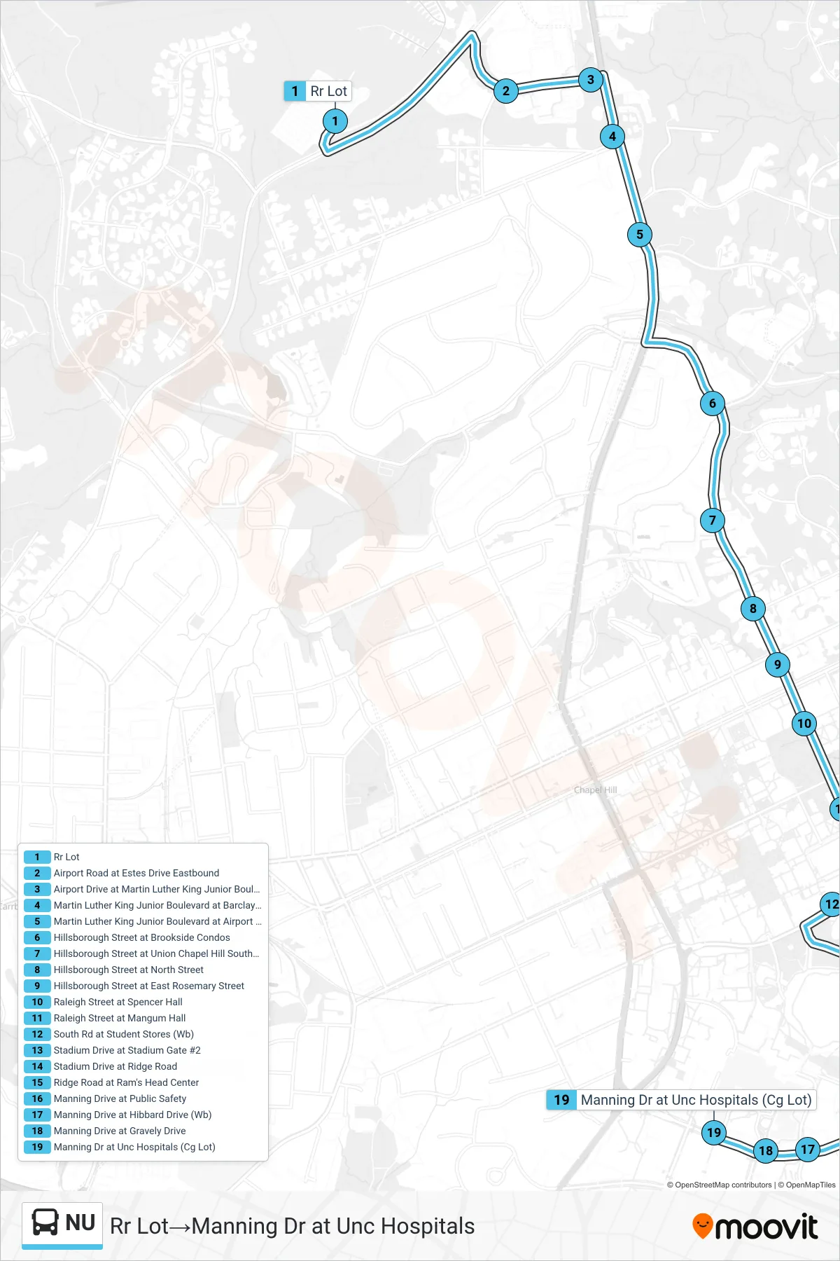 NU bus Line (Rr Lot→Manning Dr at Unc Hospitals) route and stops on a map