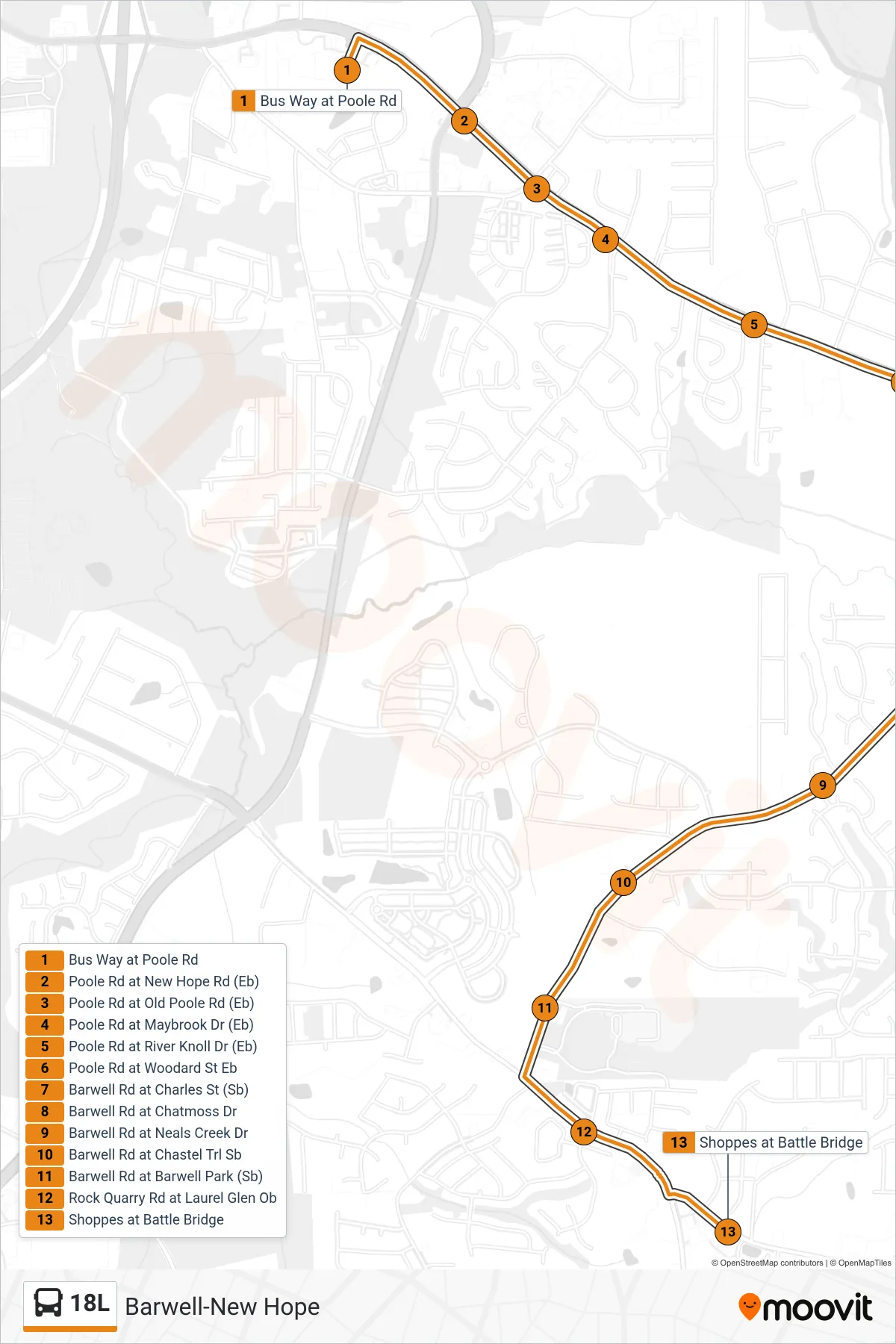 18L bus Line (Bus Way at Poole Rd→Shoppes at Battle Bridge) route and stops on a map