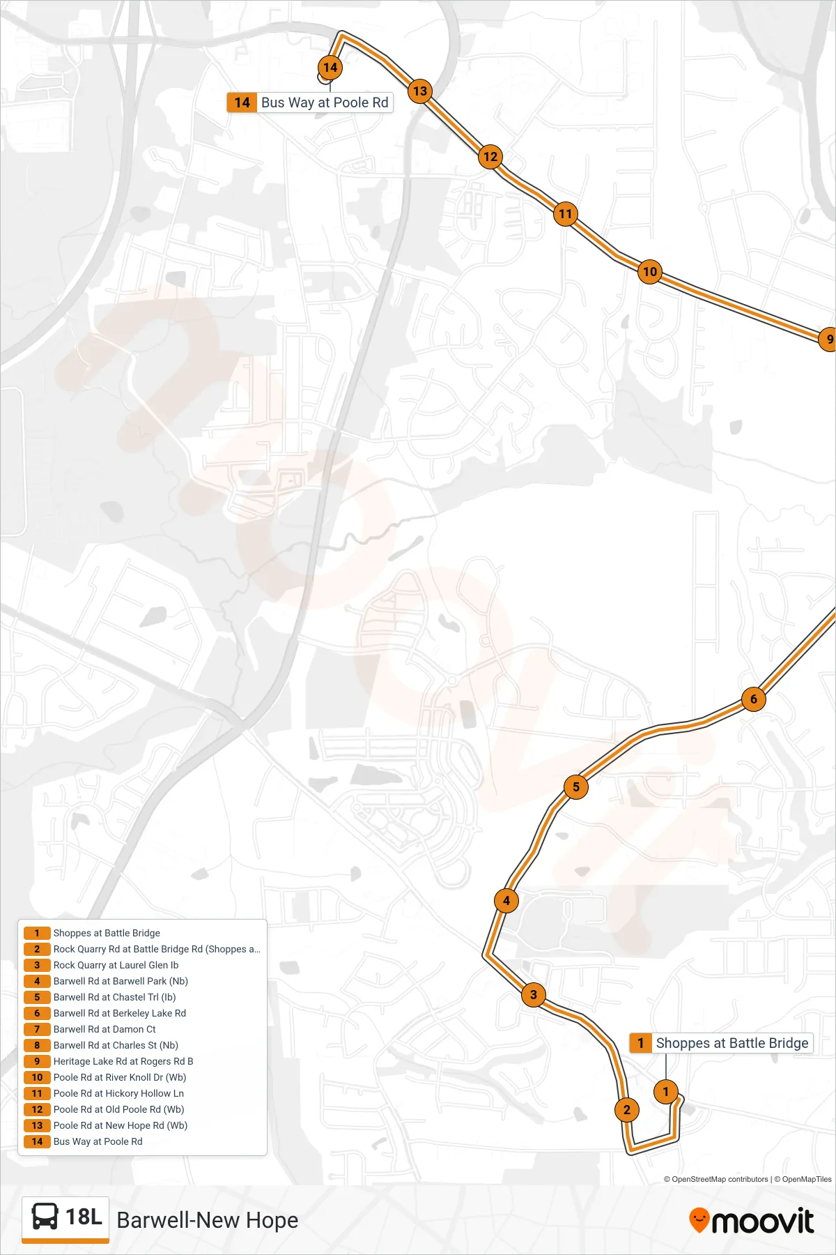 18L bus Line (Shoppes at Battle Bridge‎→Bus Way at Poole Rd) route and stops on a map