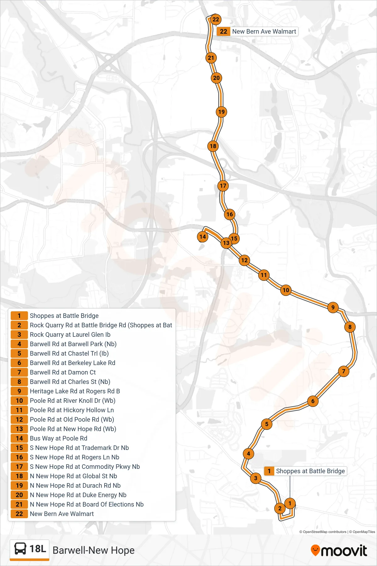 18L bus Line (Shoppes at Battle Bridge→New Bern Ave Walmart) route and stops on a map