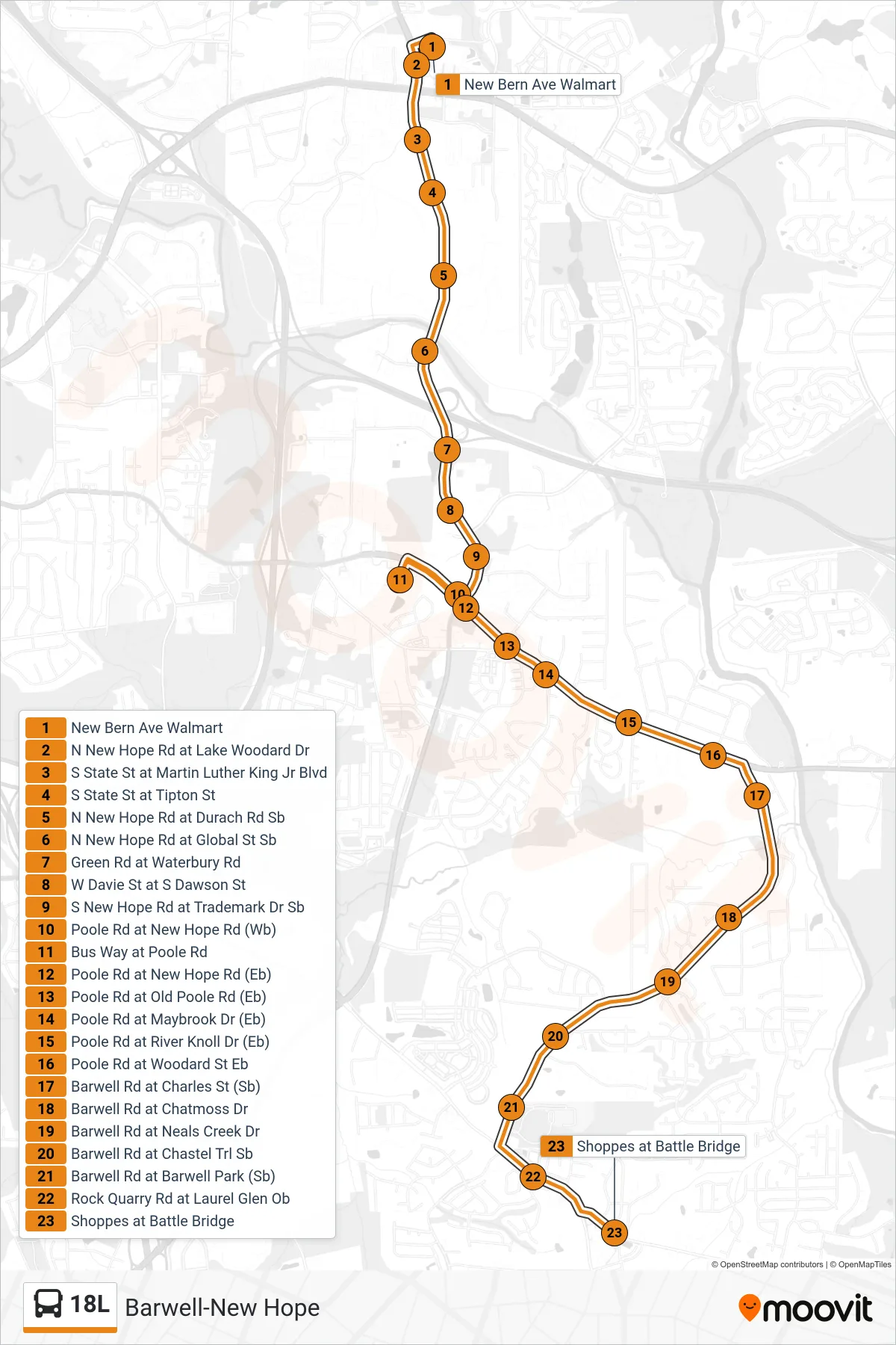 18L bus Line (New Bern Ave Walmart→Shoppes at Battle Bridge) route and stops on a map