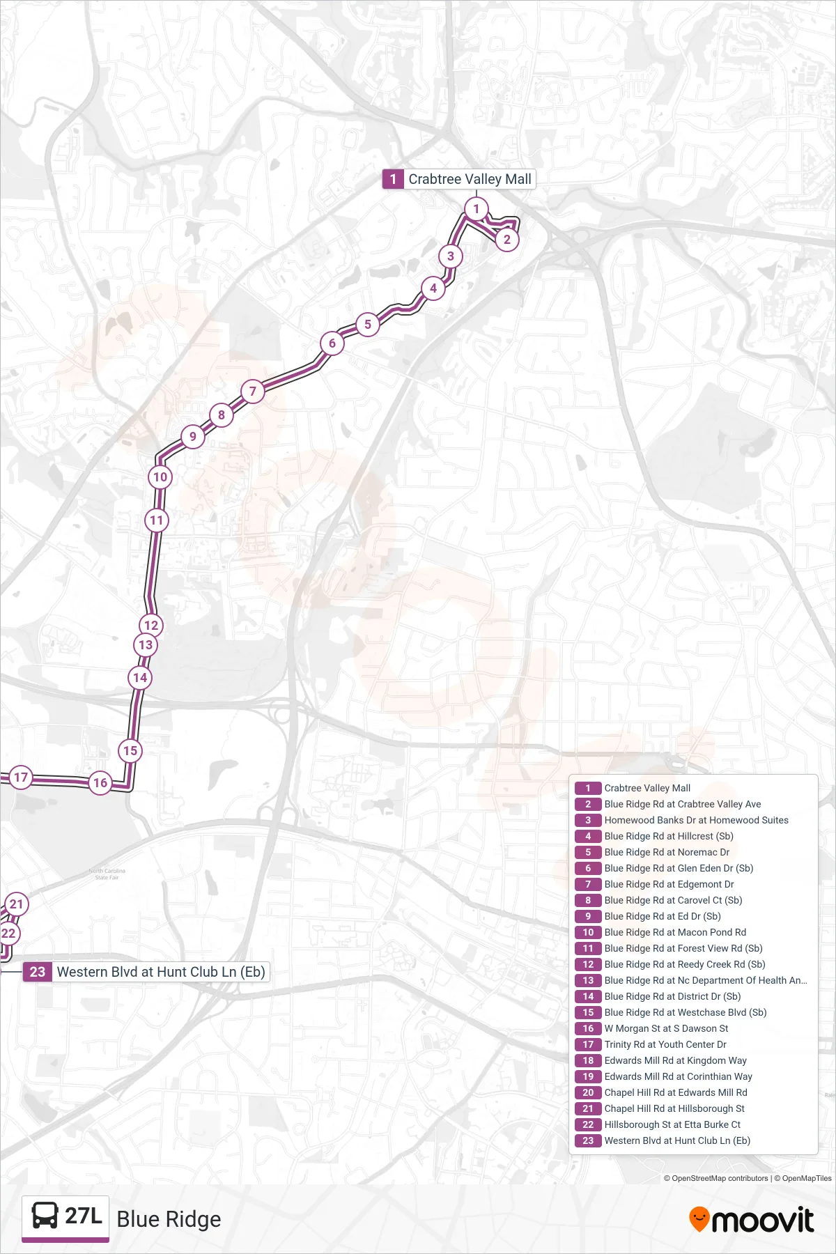 27L bus Line (Crabtree Valley Mall‎→Western Blvd at Jones Franklin Rd) route and stops on a map