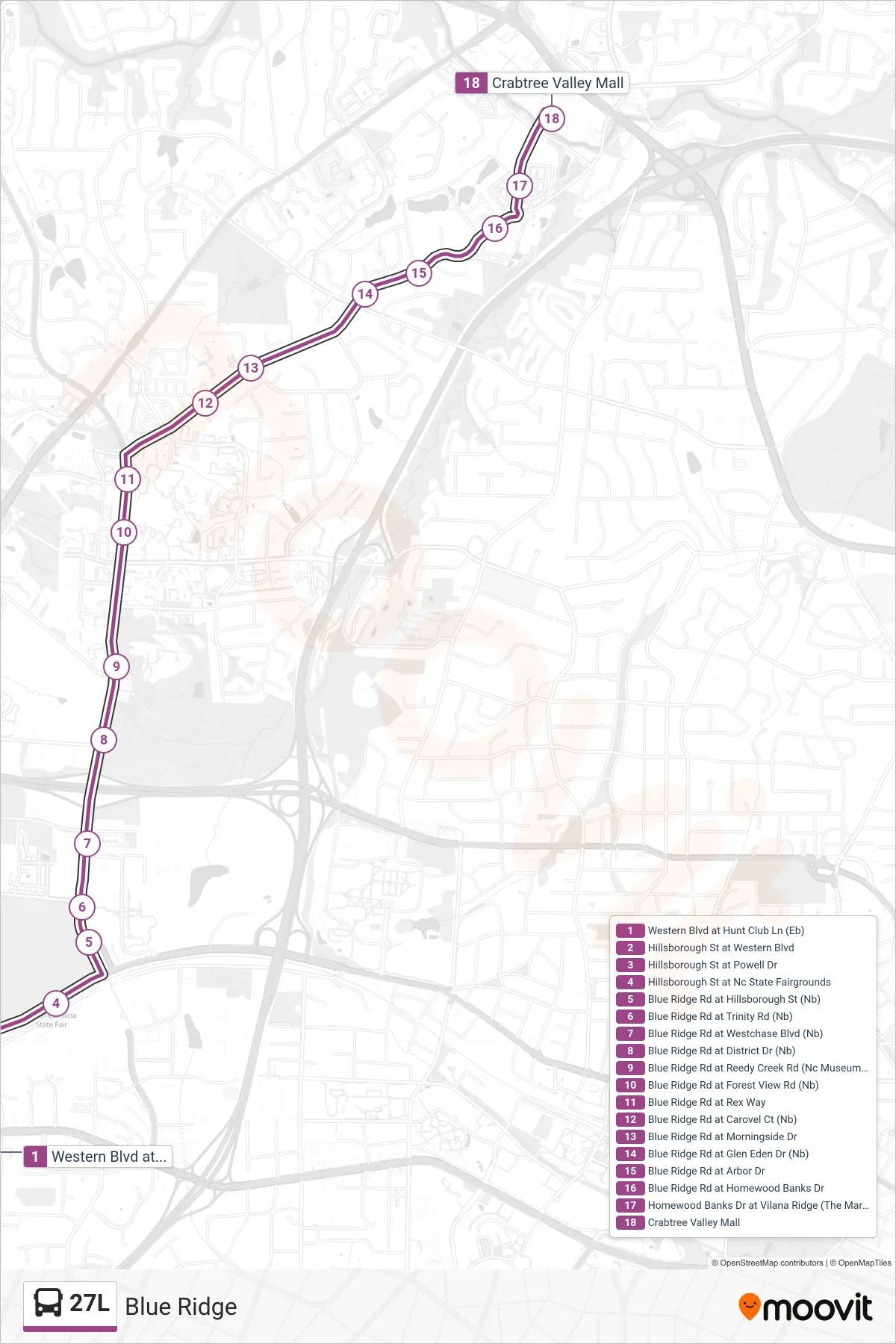 27L bus Line (Western Blvd at Jones Franklin Rd‎→Crabtree Valley Mall) route and stops on a map