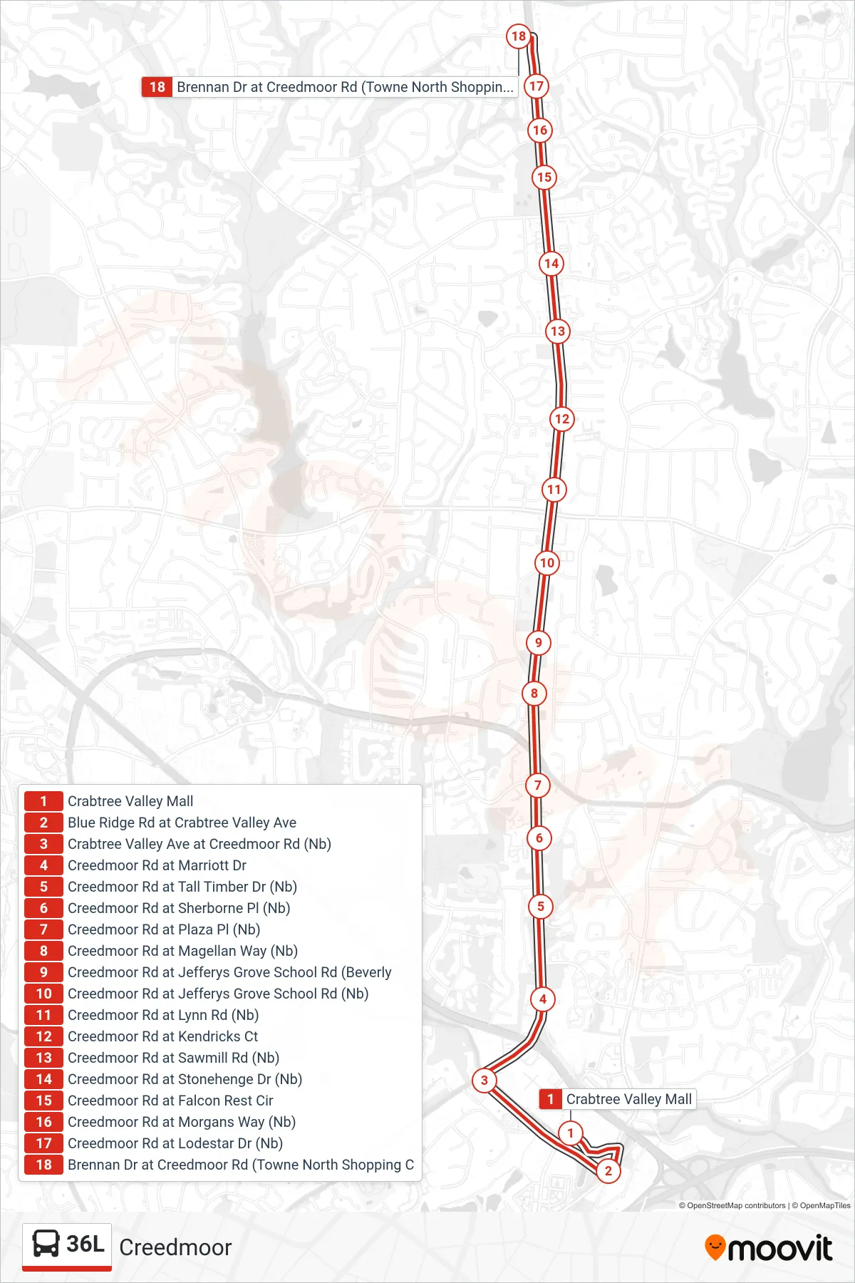 36L bus Line (Crabtree Valley Mall→Brennan Dr at Creedmoor Rd (Towne North Shopping C) route and stops on a map